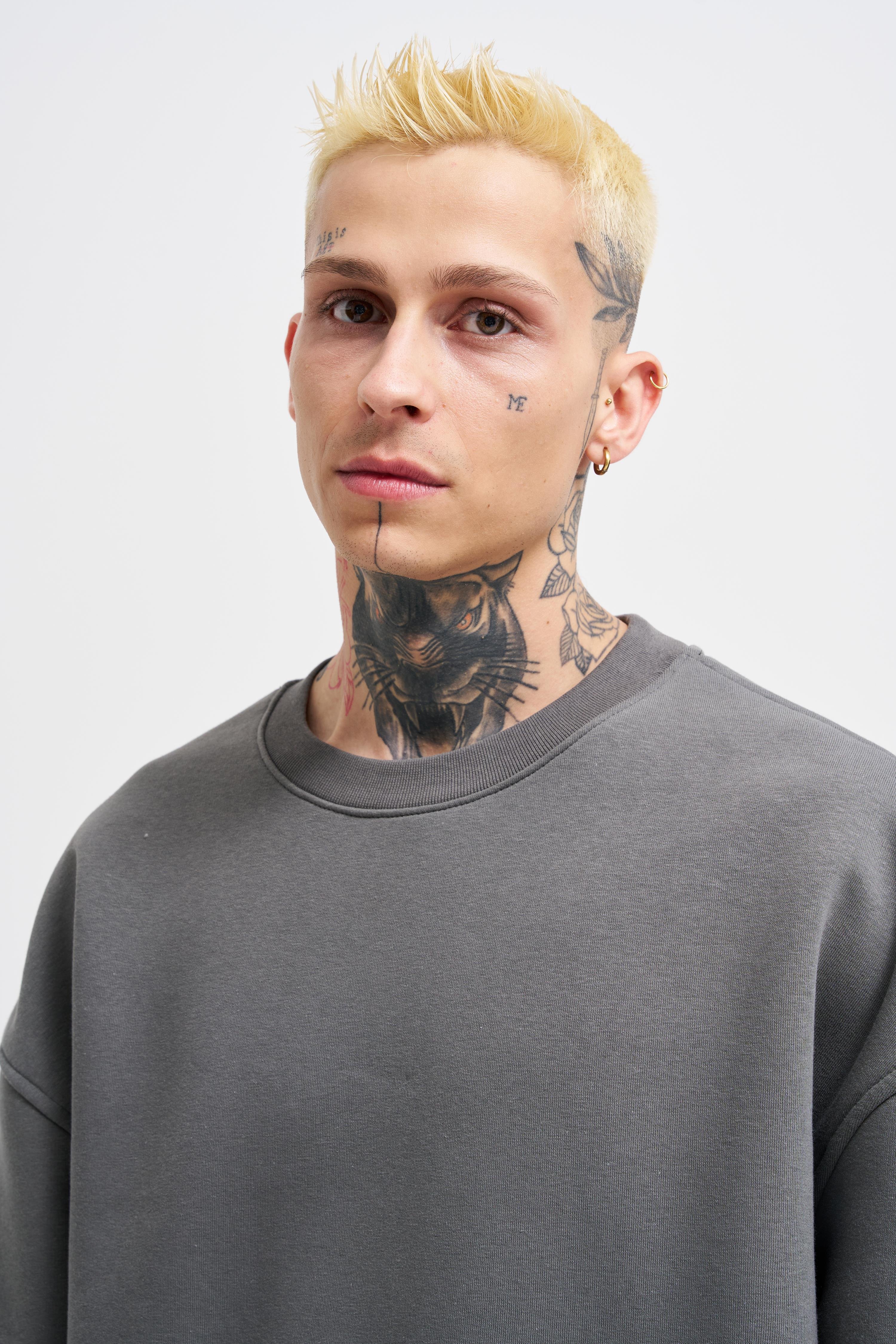 Erkek Basic Bisiklet Yaka Oversize Füme Sweatshirt