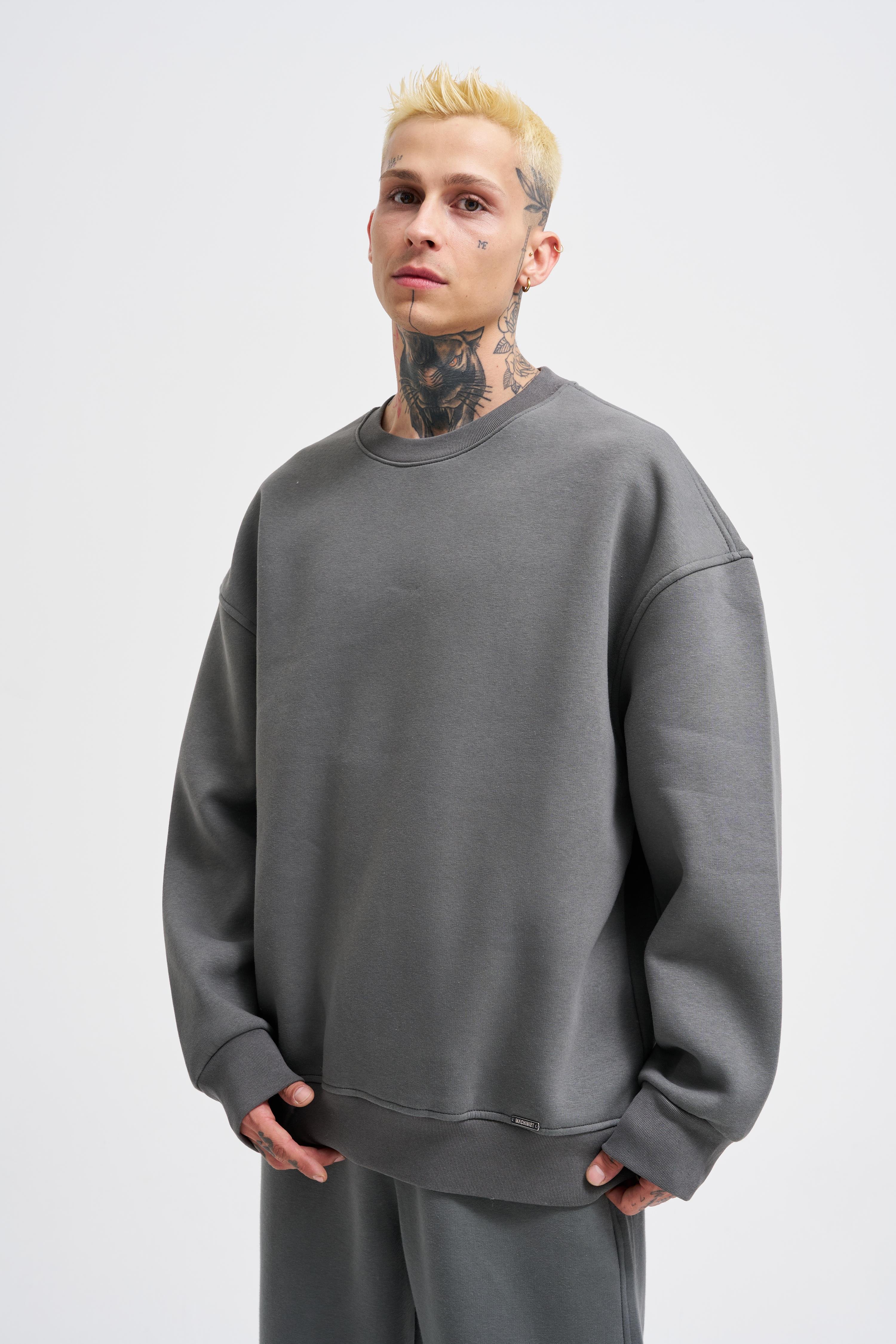 Erkek Basic Bisiklet Yaka Oversize Füme Sweatshirt
