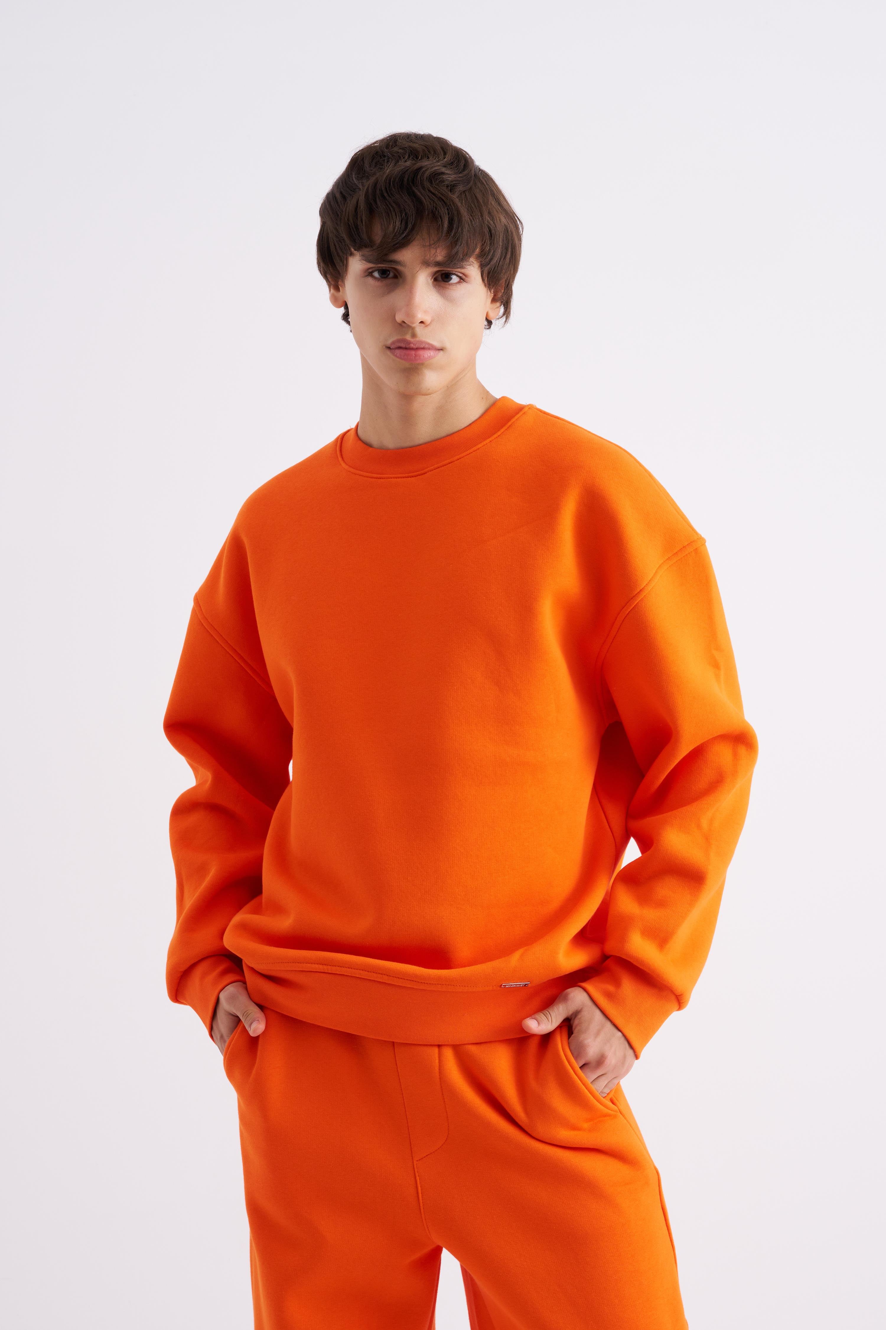 Erkek Basic Bisiklet Yaka Oversize Turuncu Sweatshirt