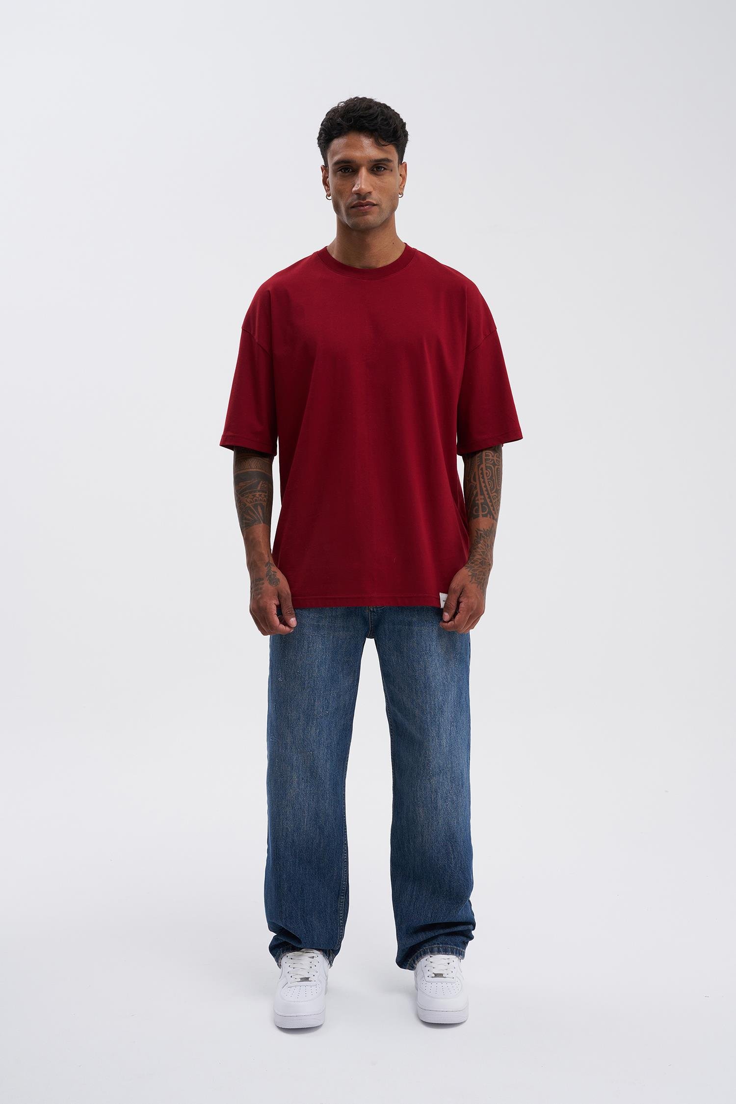 Erkek Basic Super Pamuklu Oversize Bordo Tişört