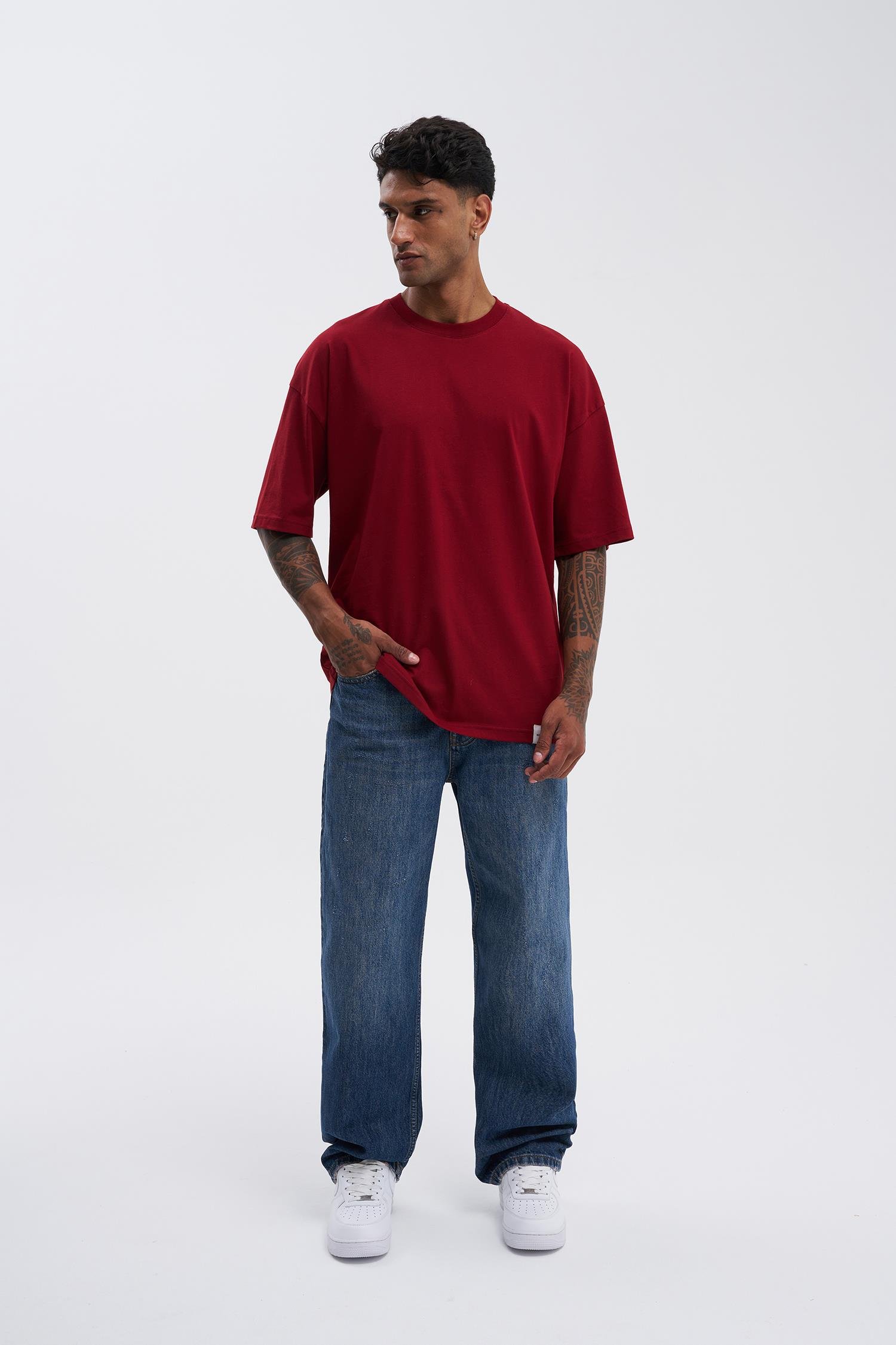 Erkek Basic Super Pamuklu Oversize Bordo Tişört