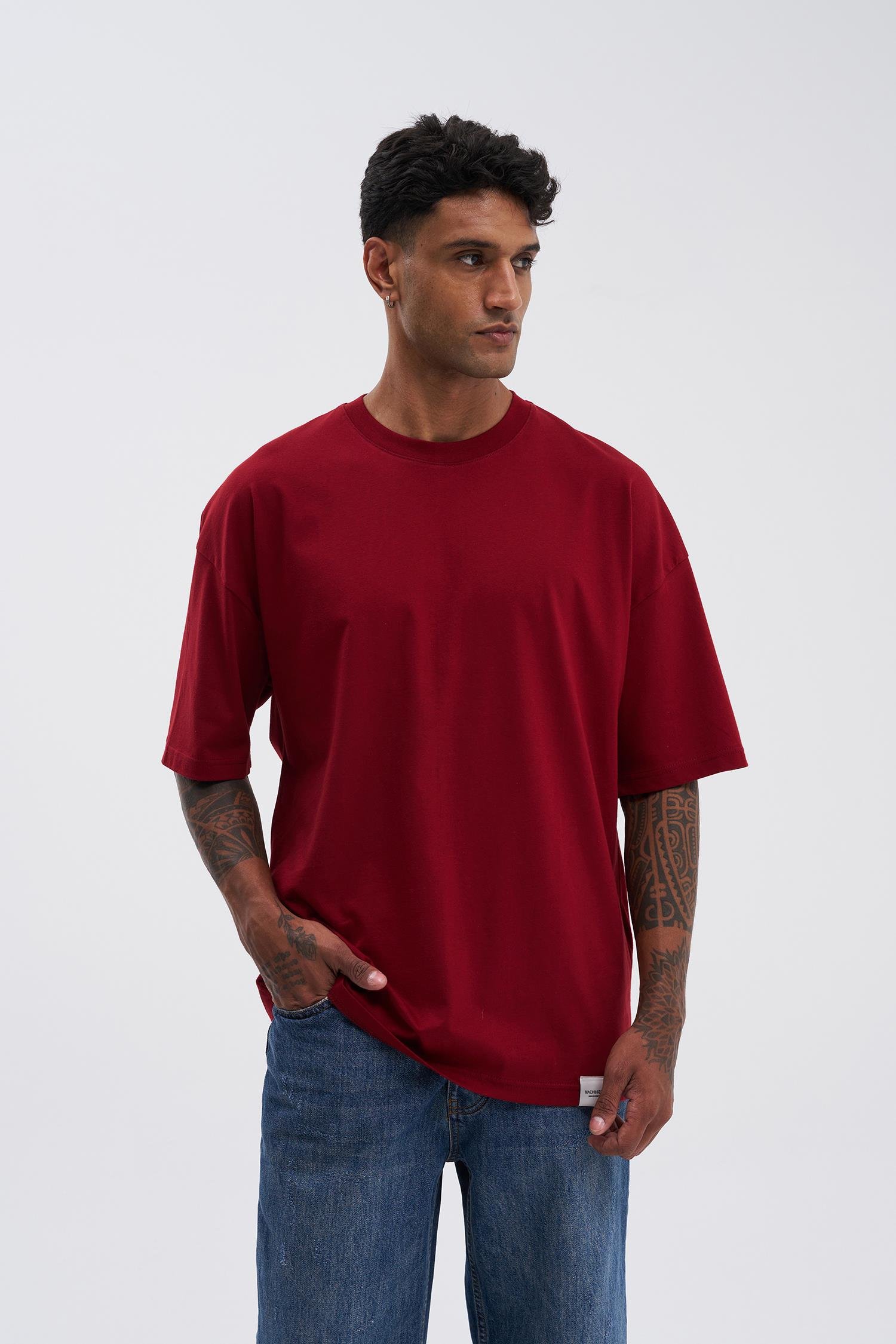 Erkek Basic Super Pamuklu Oversize Bordo Tişört