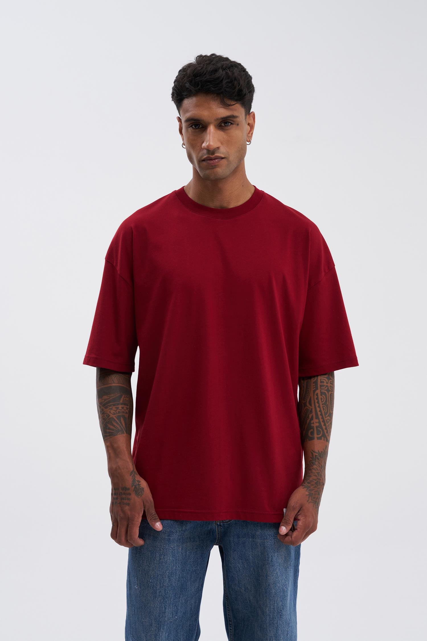 Erkek Basic Super Pamuklu Oversize Bordo Tişört