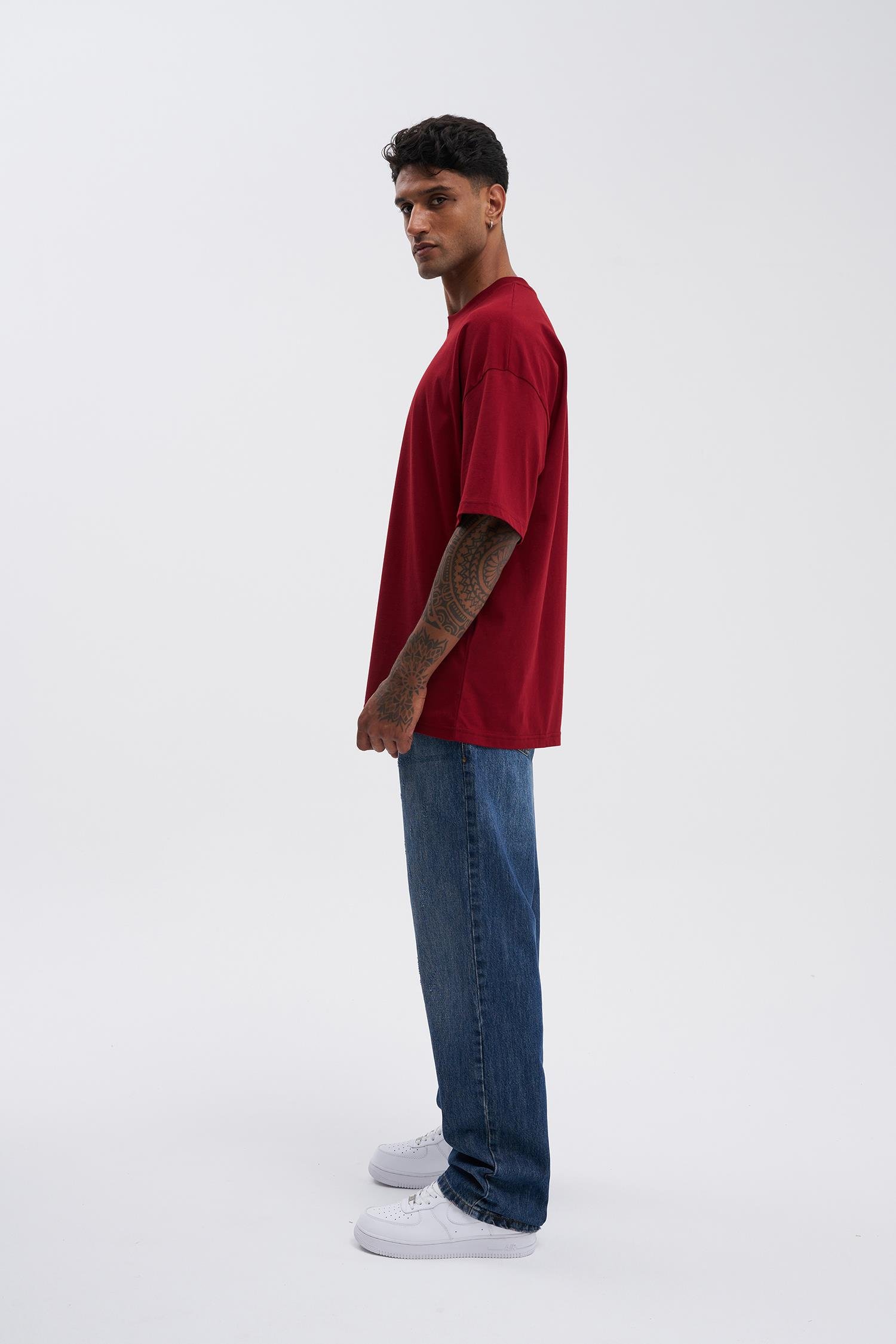Erkek Basic Super Pamuklu Oversize Bordo Tişört