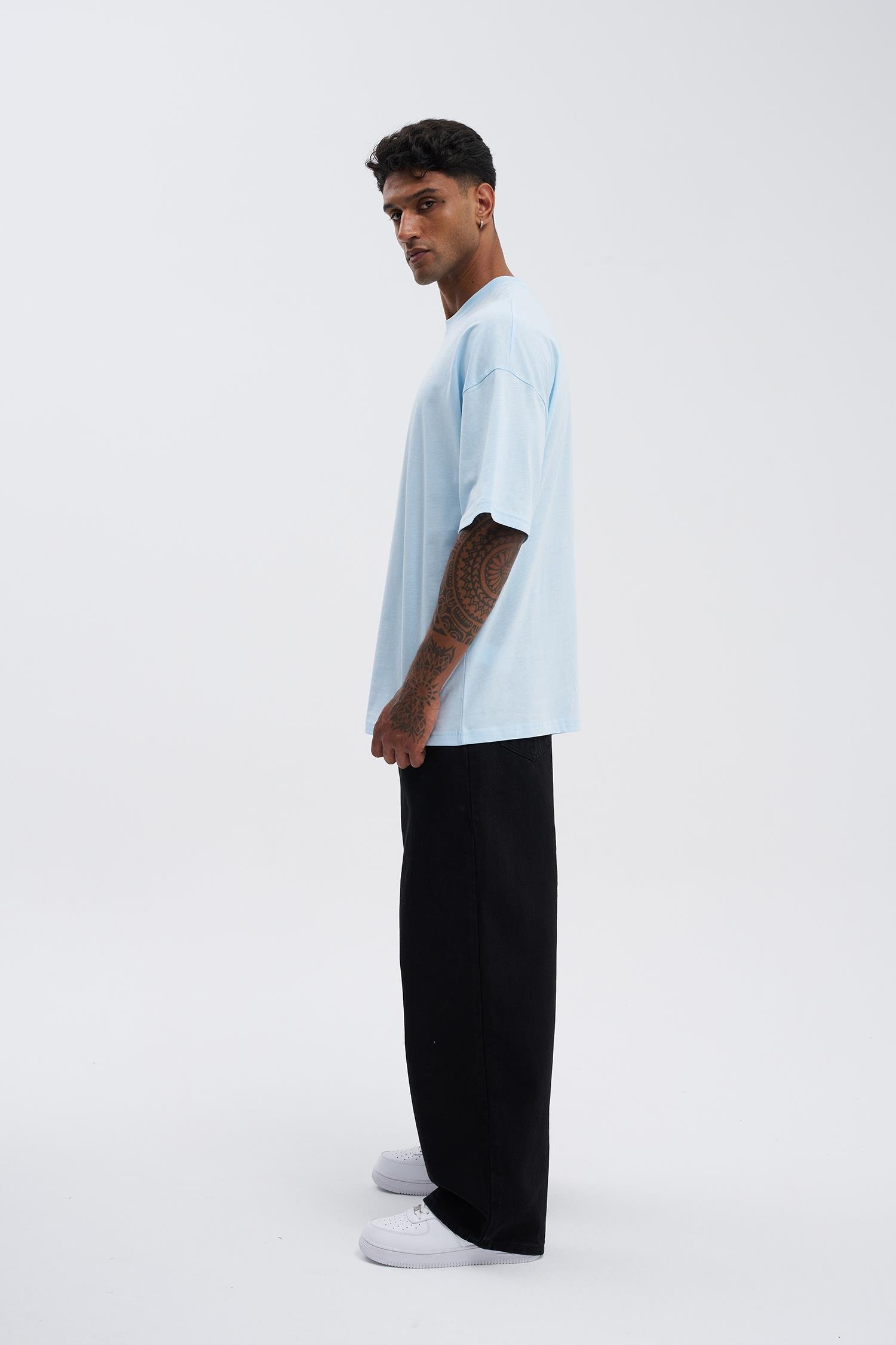 Erkek Basic Super Pamuklu Oversize Buz Mavisi Tişört