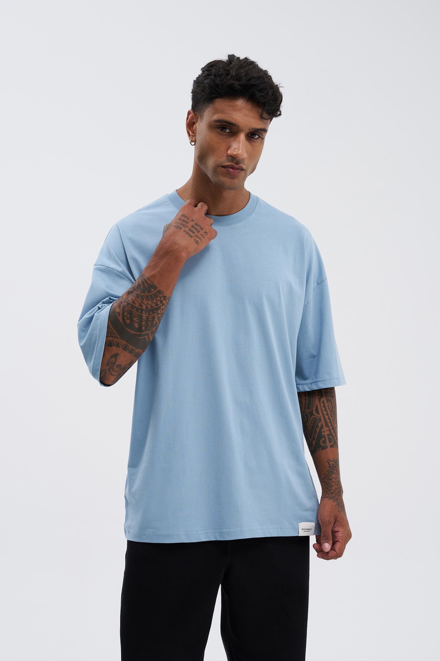 Erkek Basic Super Pamuklu Oversize Duman Mavi Tişört