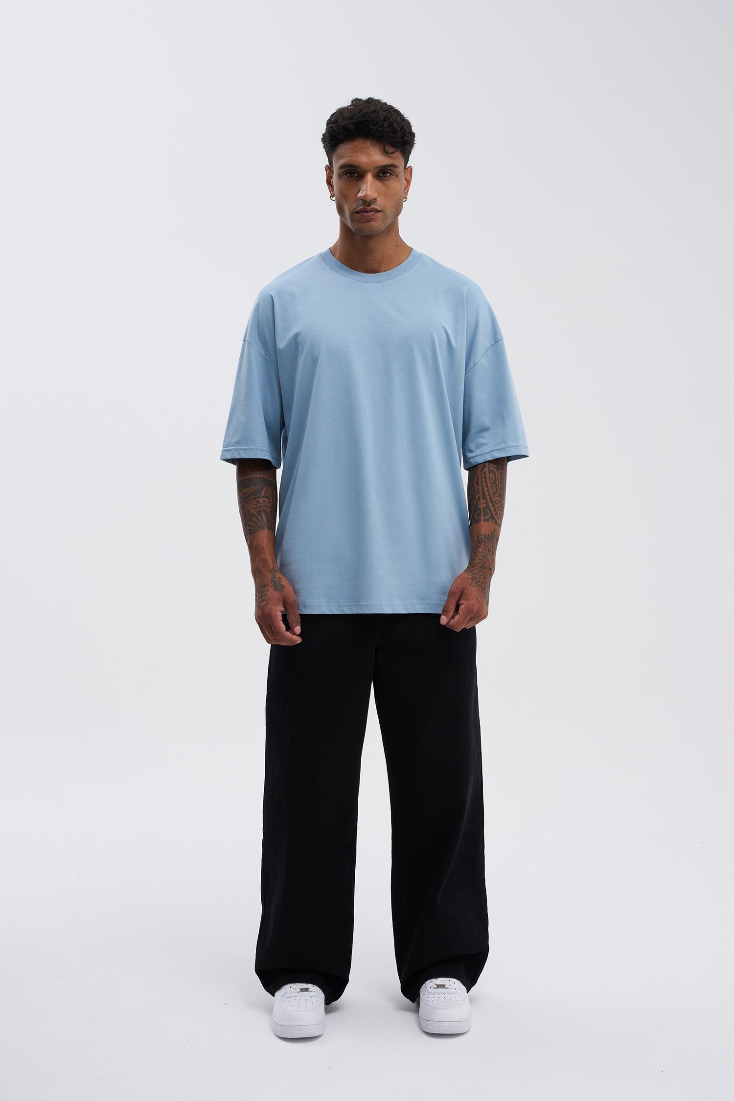 Erkek Basic Super Pamuklu Oversize Duman Mavi Tişört