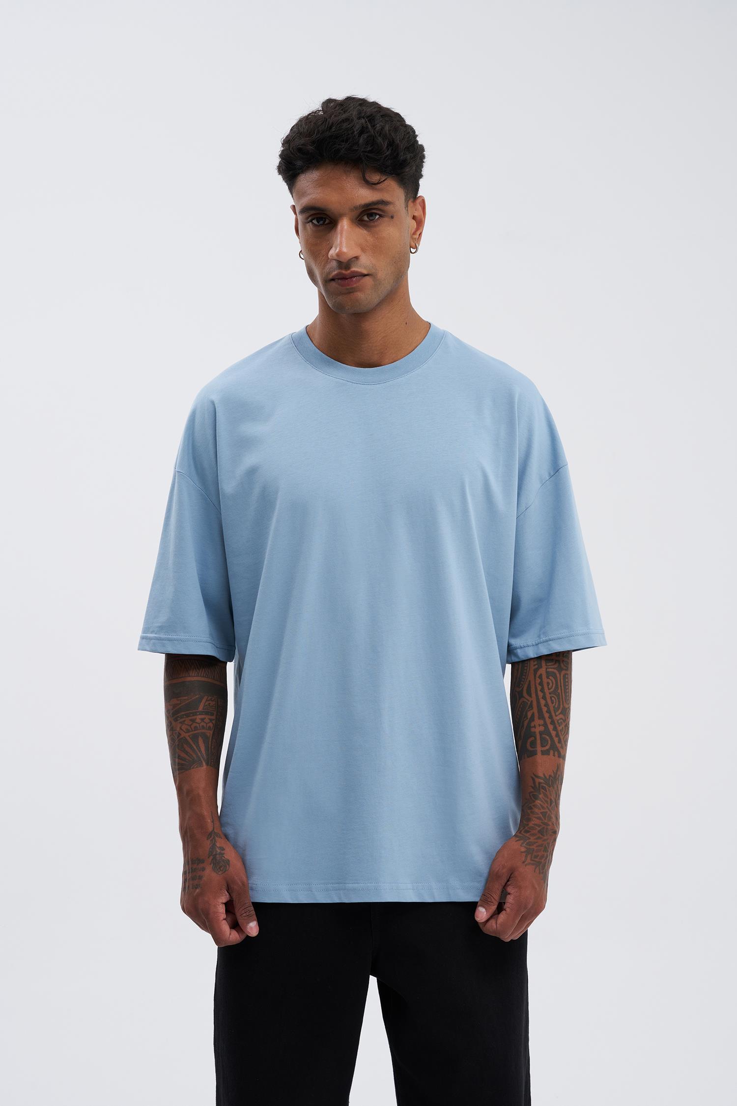 Erkek Basic Super Pamuklu Oversize Duman Mavi Tişört