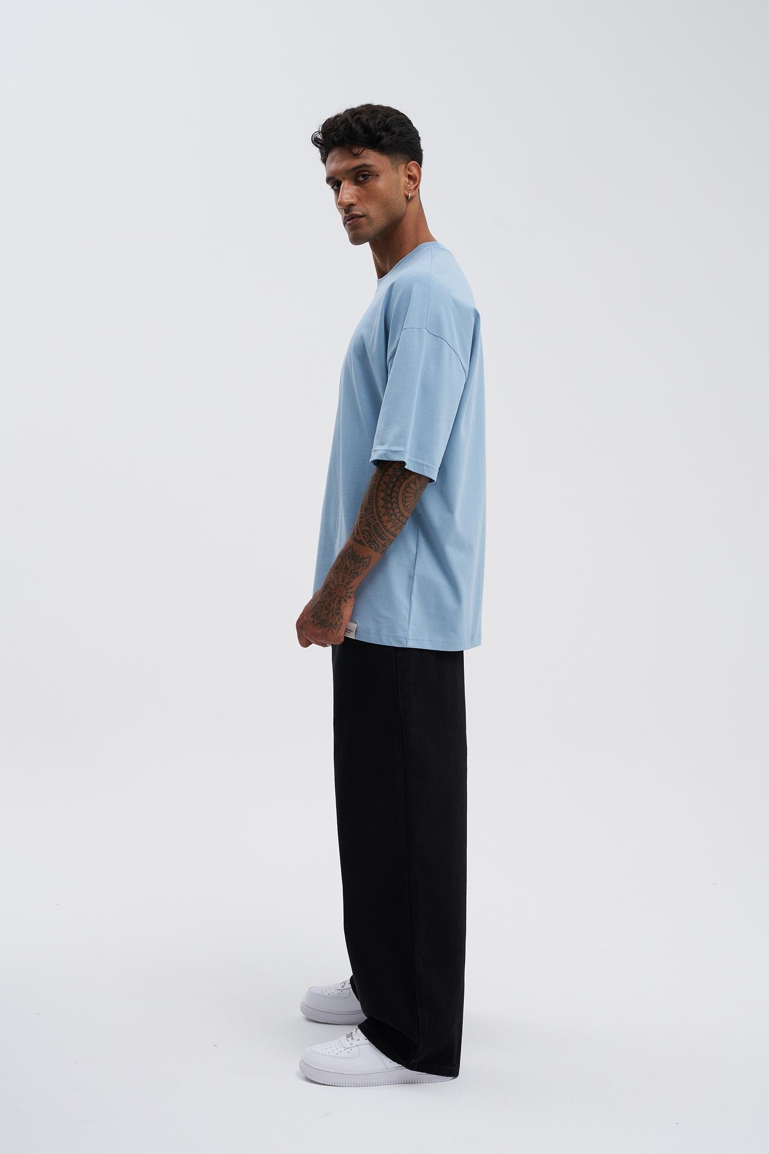 Erkek Basic Super Pamuklu Oversize Duman Mavi Tişört