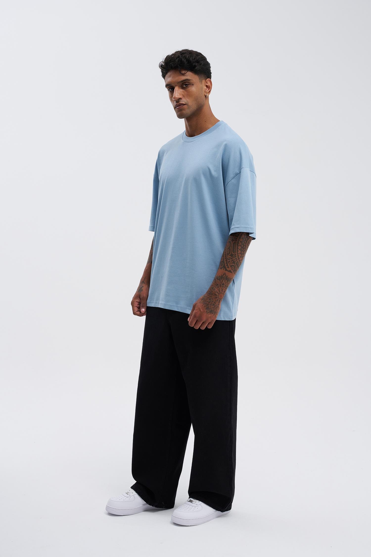 Erkek Basic Super Pamuklu Oversize Duman Mavi Tişört