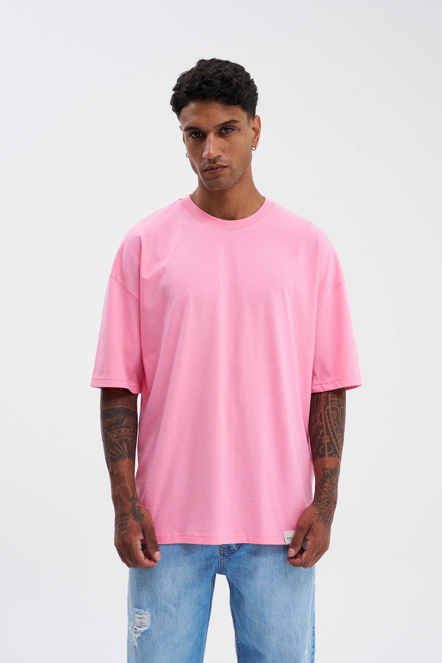Erkek Basic Super Pamuklu Oversize Şeker Pembe Tişört
