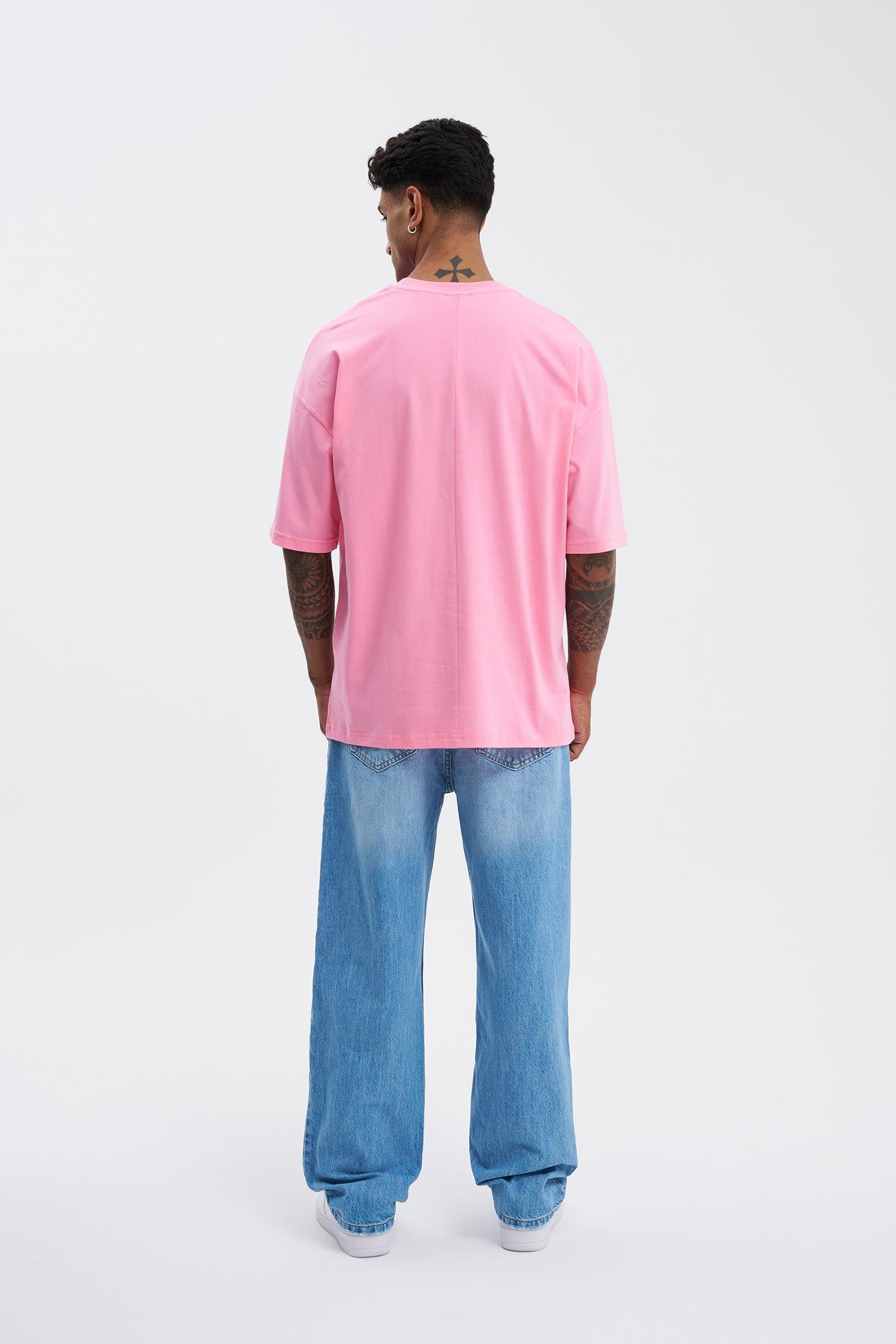 Erkek Basic Super Pamuklu Oversize Şeker Pembe Tişört
