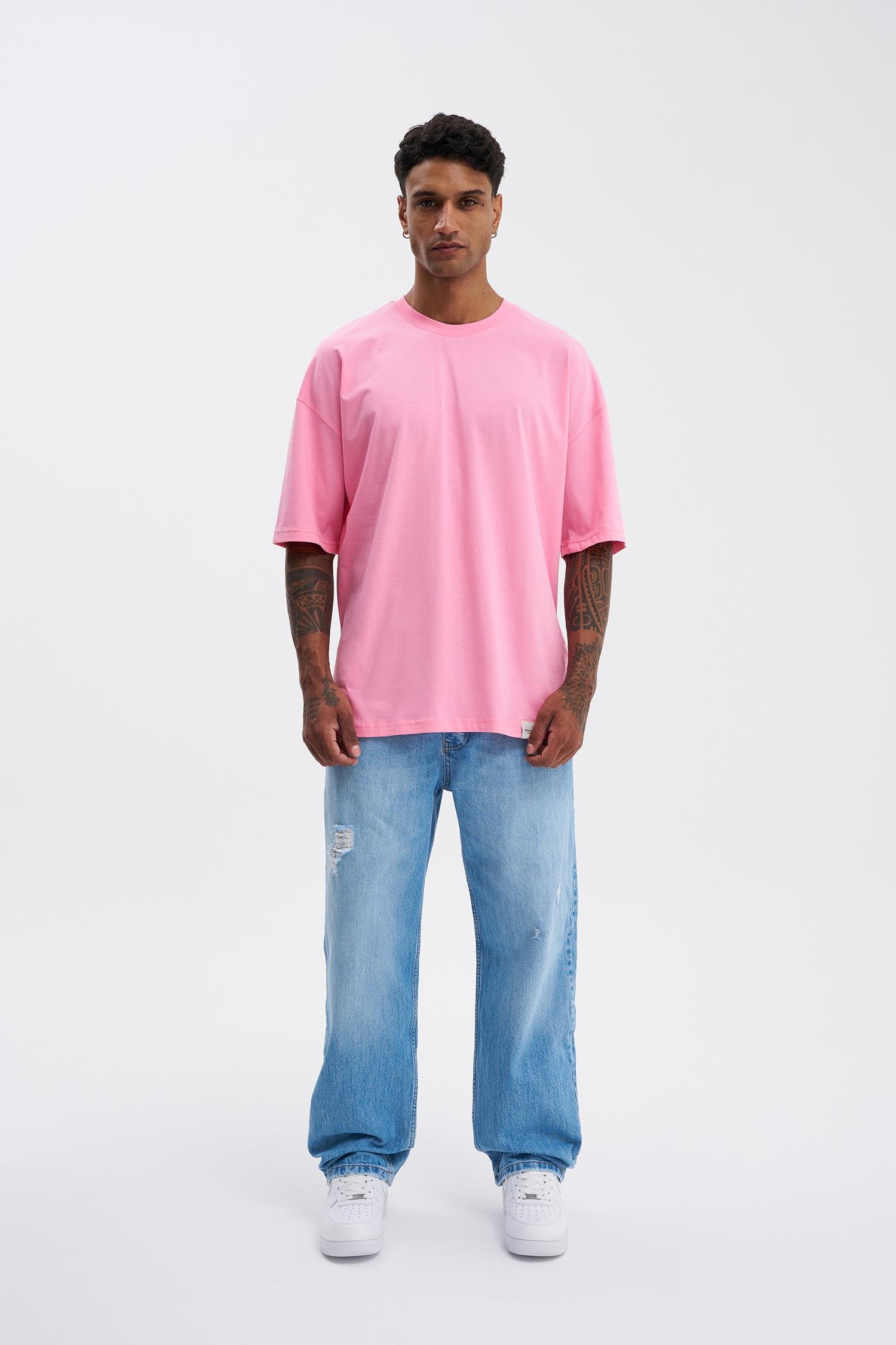 Erkek Basic Super Pamuklu Oversize Şeker Pembe Tişört