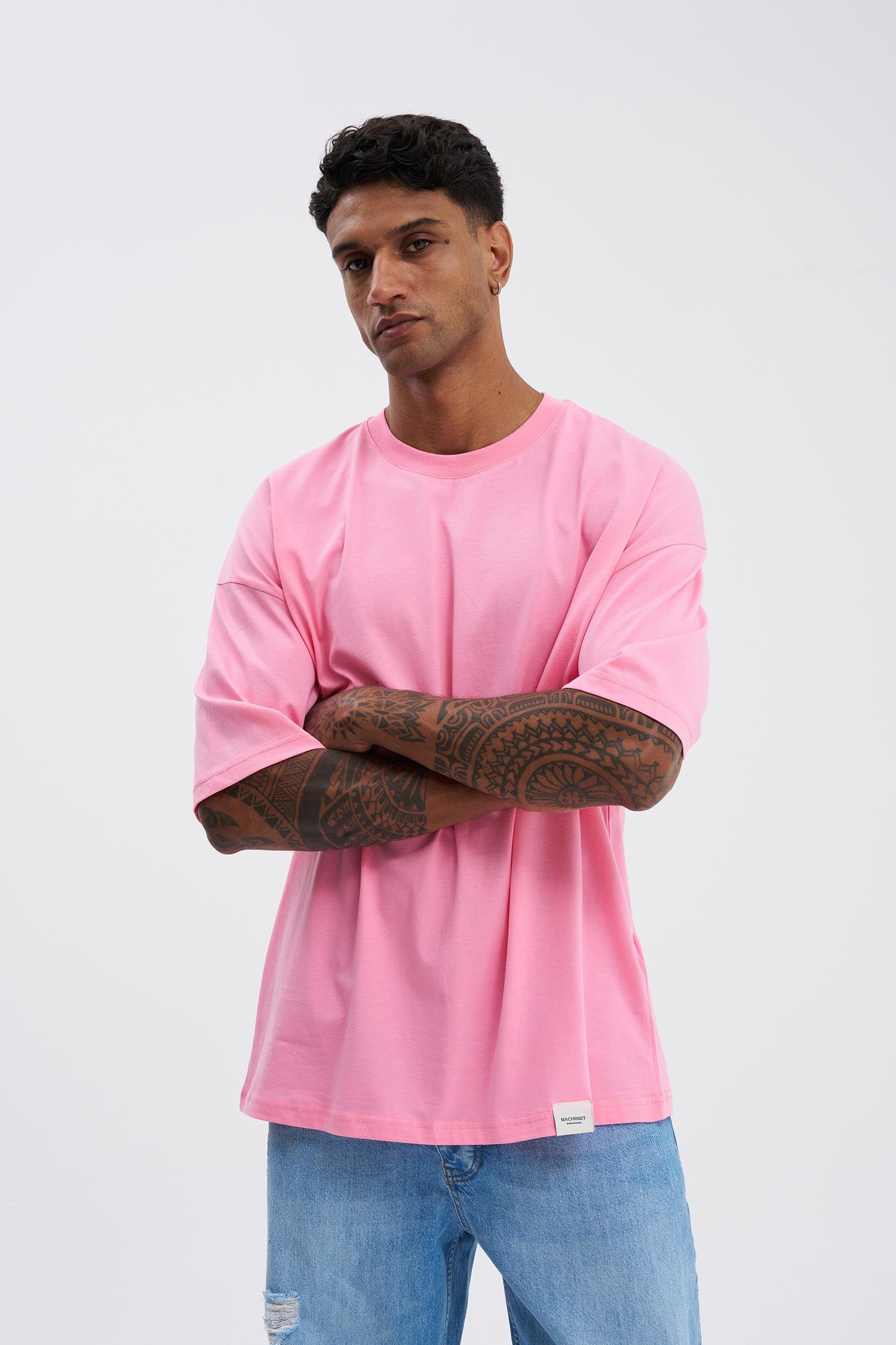 Erkek Basic Super Pamuklu Oversize Şeker Pembe Tişört