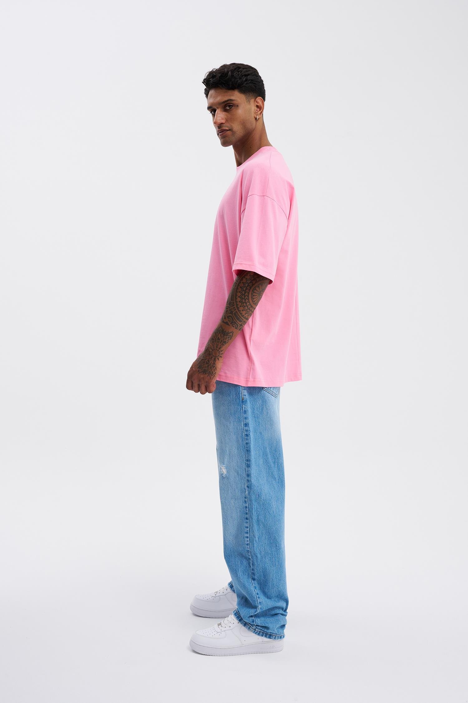 Erkek Basic Super Pamuklu Oversize Şeker Pembe Tişört