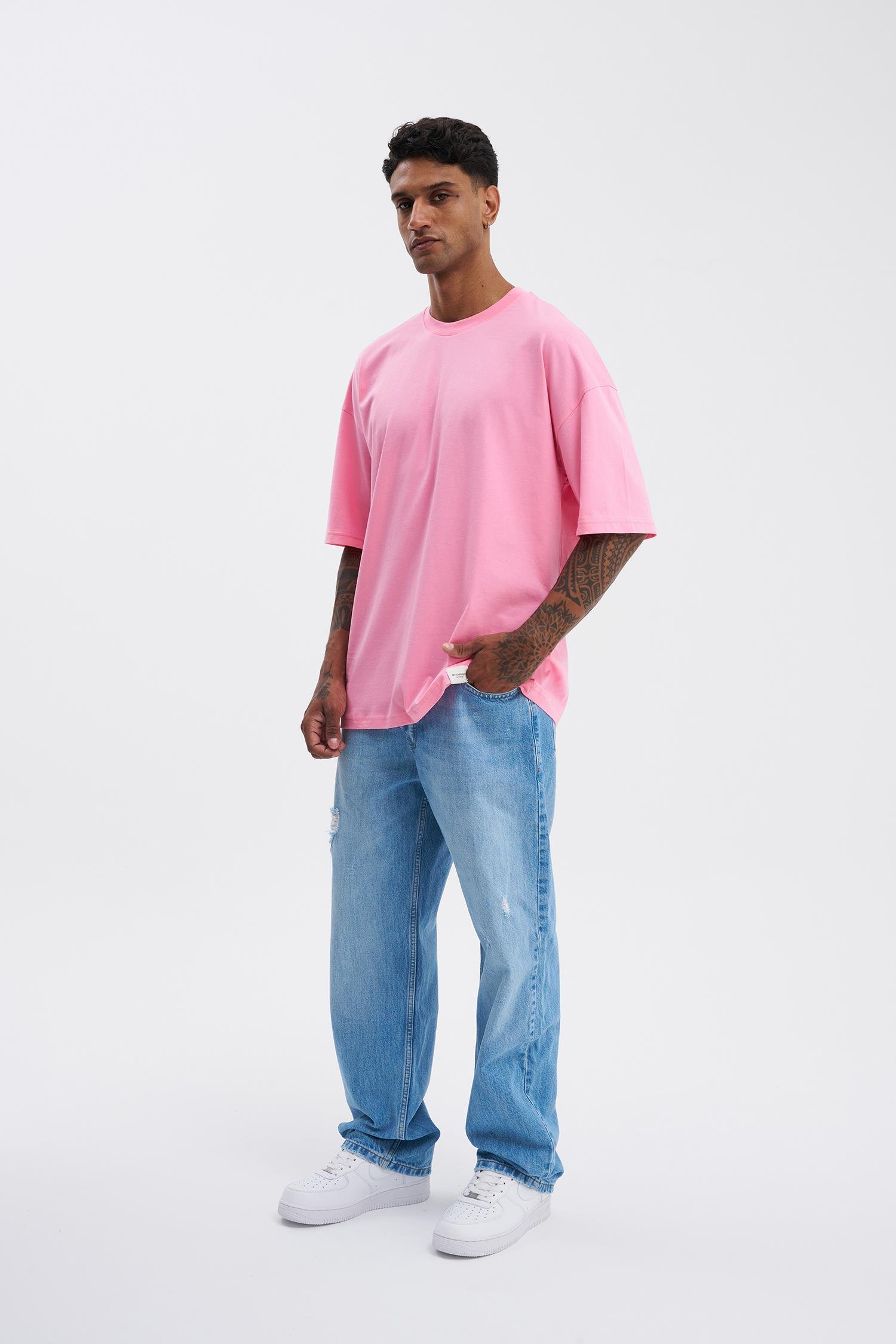 Erkek Basic Super Pamuklu Oversize Şeker Pembe Tişört