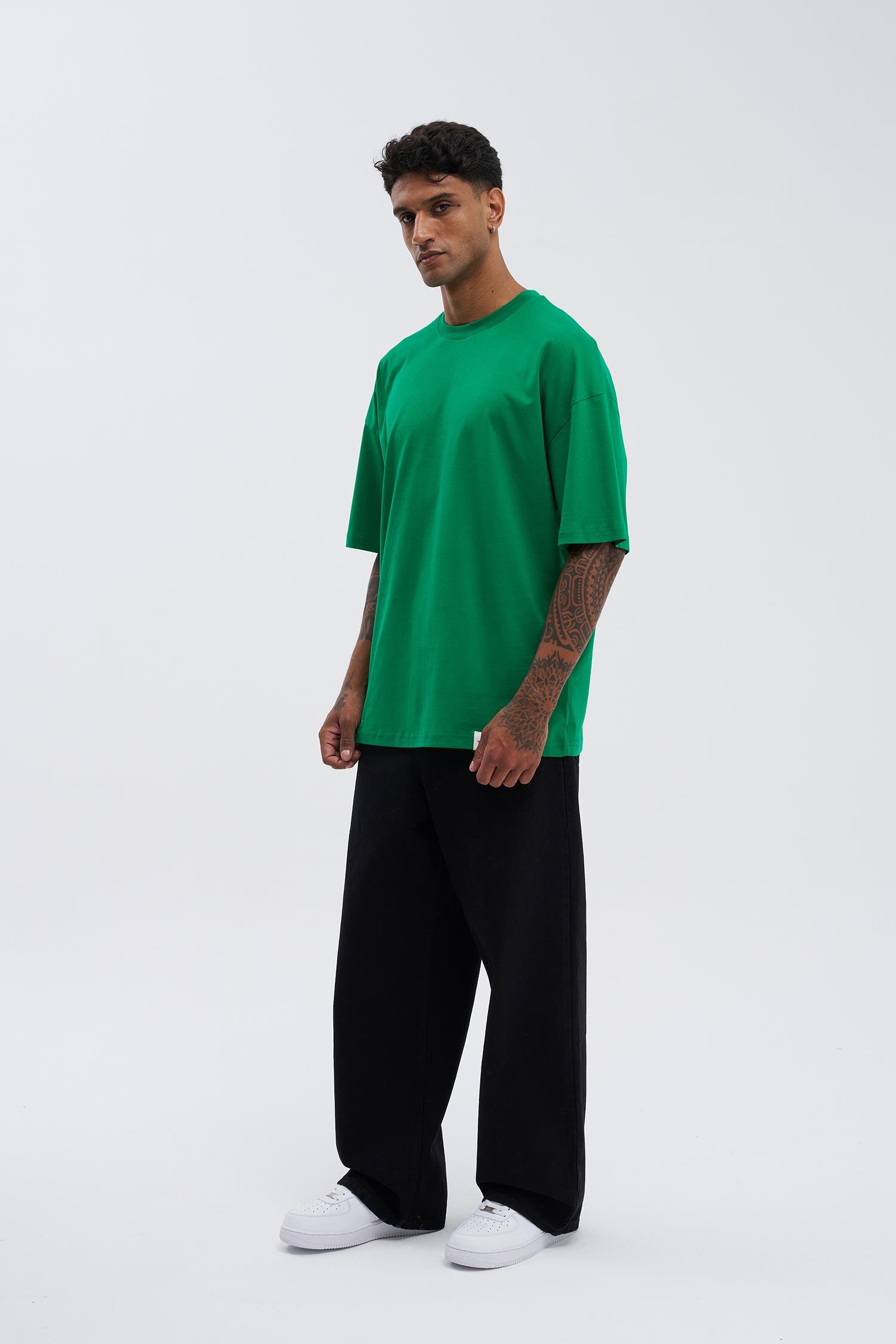 Erkek Basic Super Pamuklu Oversize Yeşil Tişört