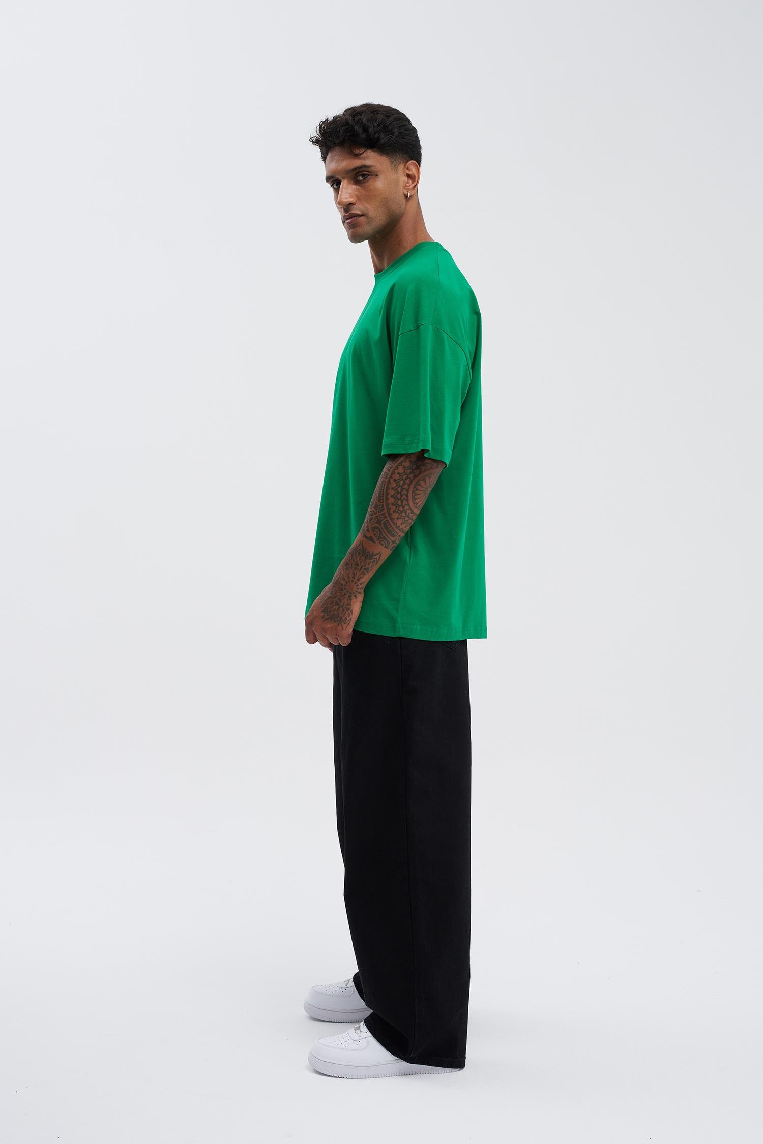 Erkek Basic Super Pamuklu Oversize Yeşil Tişört