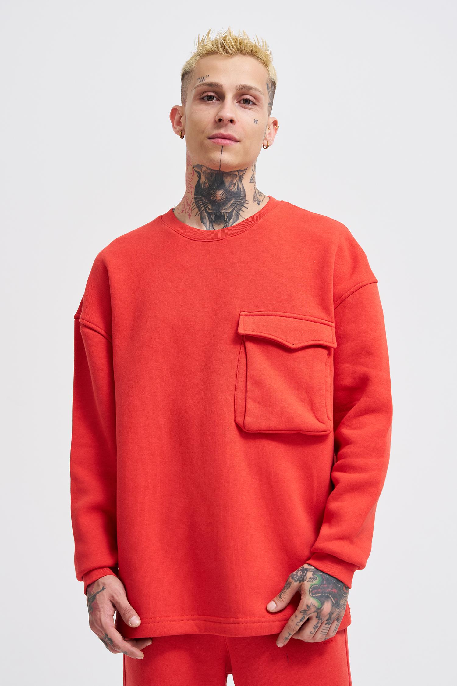 Erkek Cepli Bisiklet Yaka Basic Super Oversize Kırmızı Sweatshirt