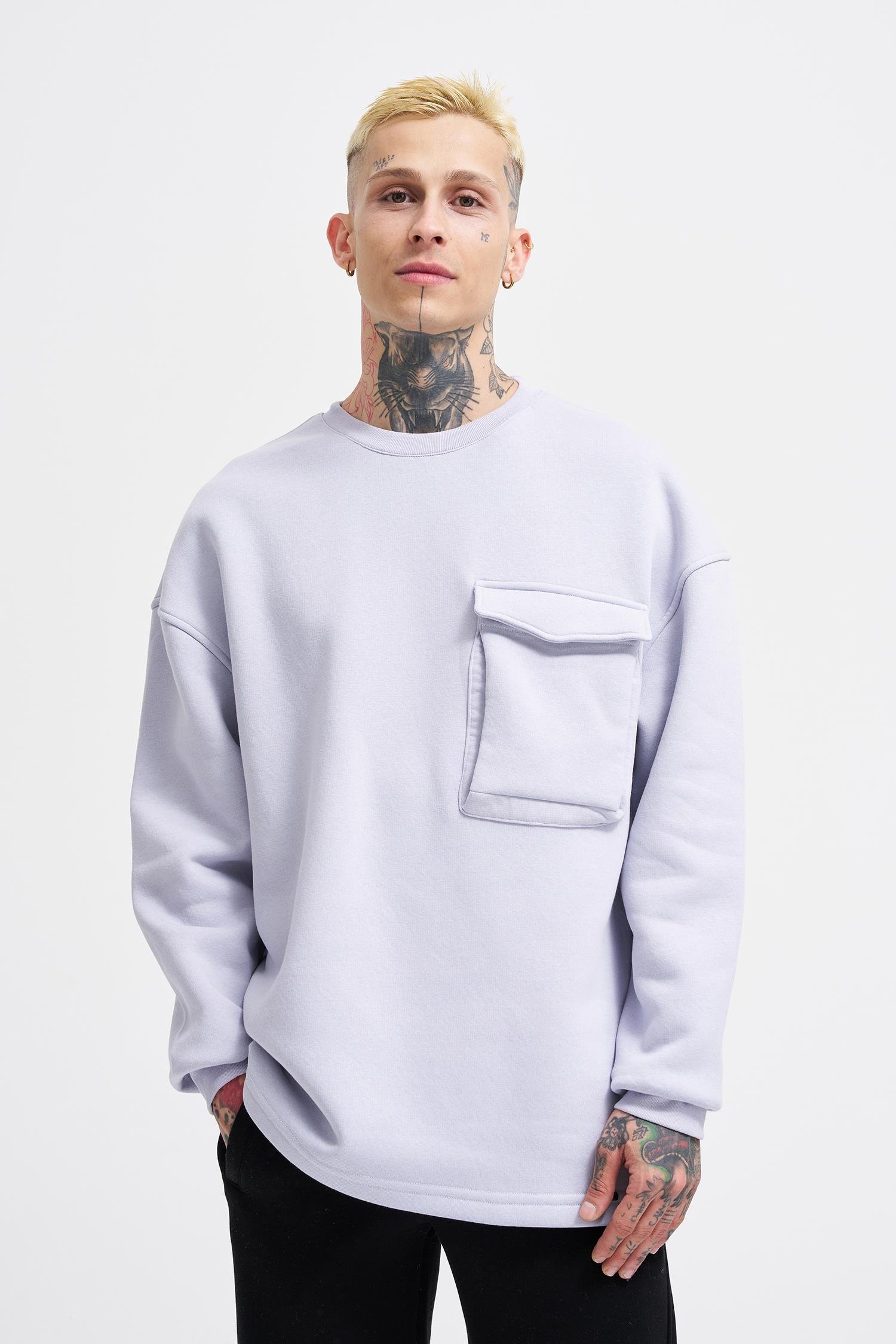 Erkek Cepli Bisiklet Yaka Basic Super Oversize Lila Sweatshirt