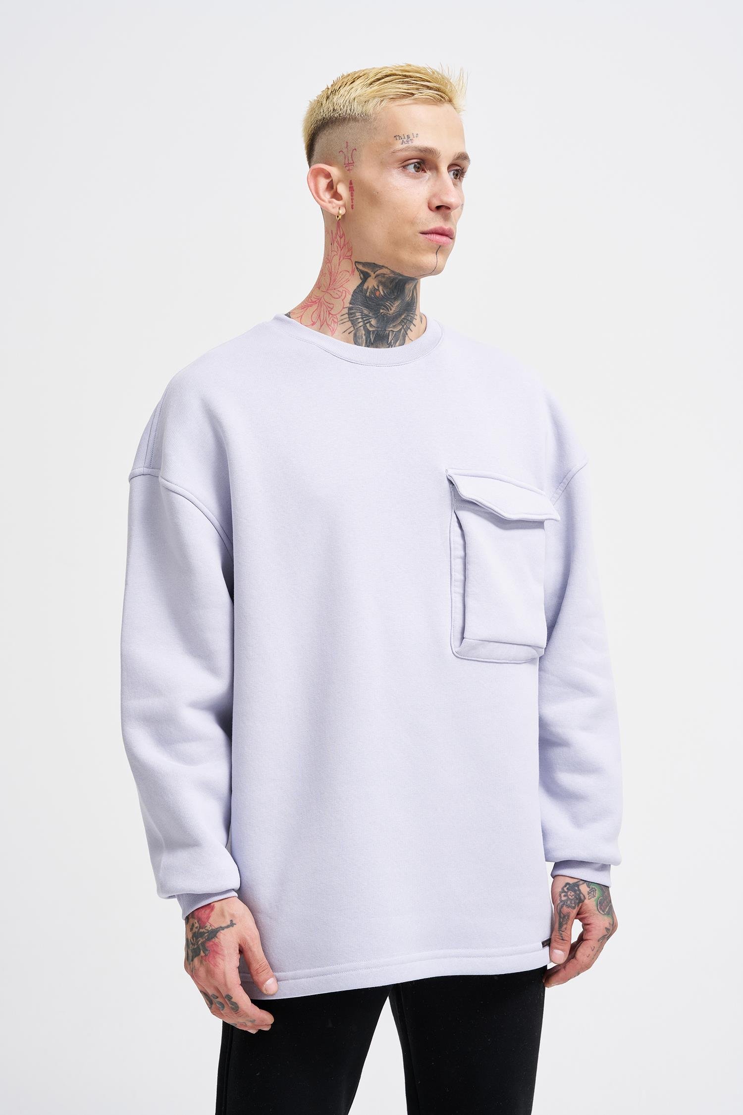 Erkek Cepli Bisiklet Yaka Basic Super Oversize Lila Sweatshirt