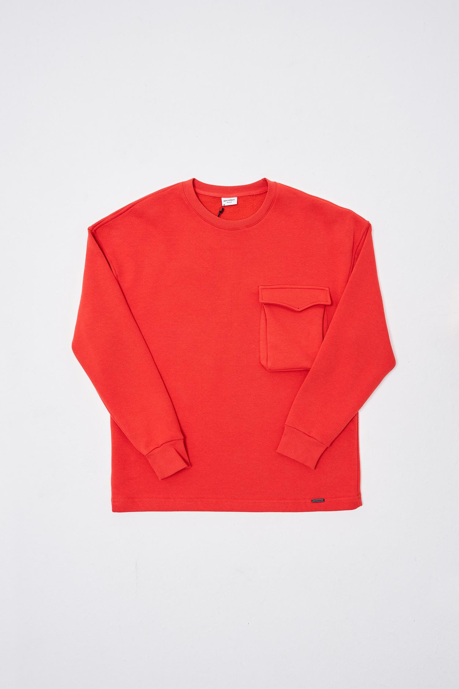 Erkek Cepli Bisiklet Yaka Basic Super Oversize Kırmızı Sweatshirt