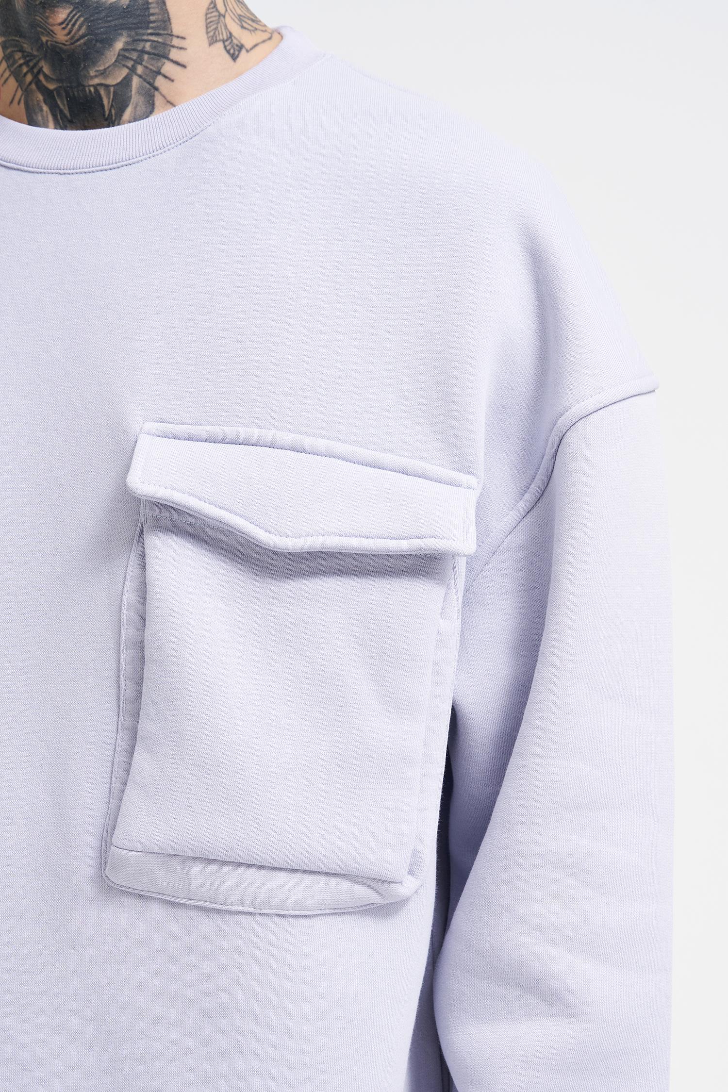 Erkek Cepli Bisiklet Yaka Basic Super Oversize Lila Sweatshirt