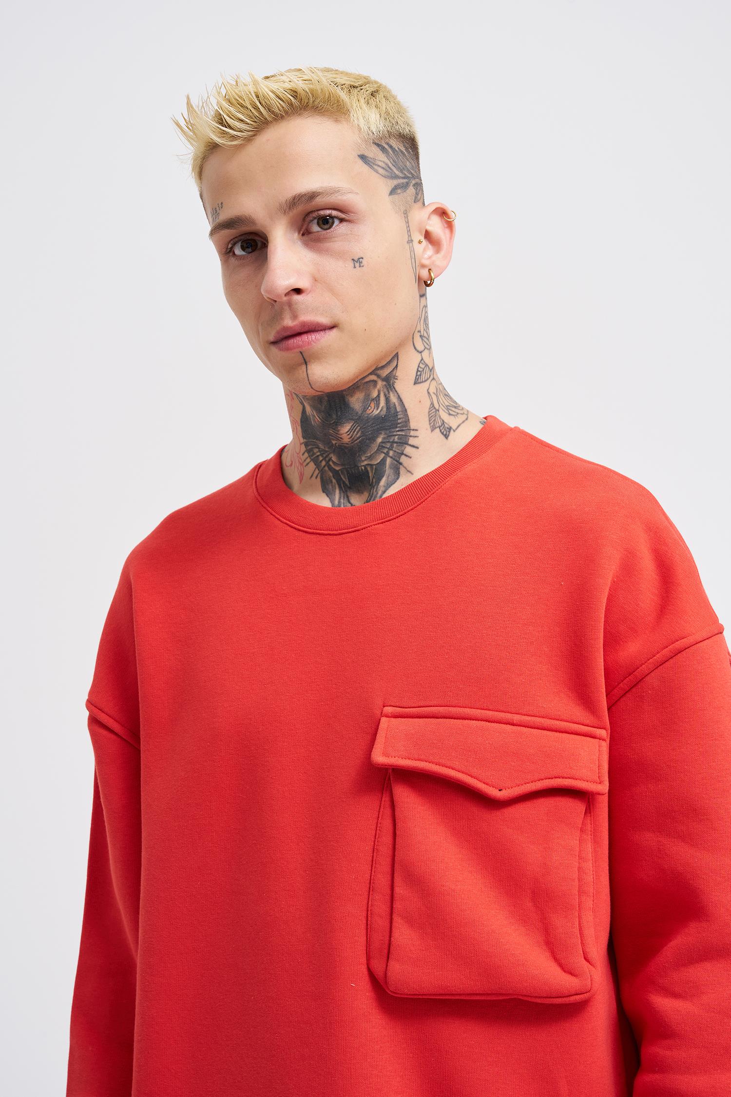 Erkek Cepli Bisiklet Yaka Basic Super Oversize Kırmızı Sweatshirt