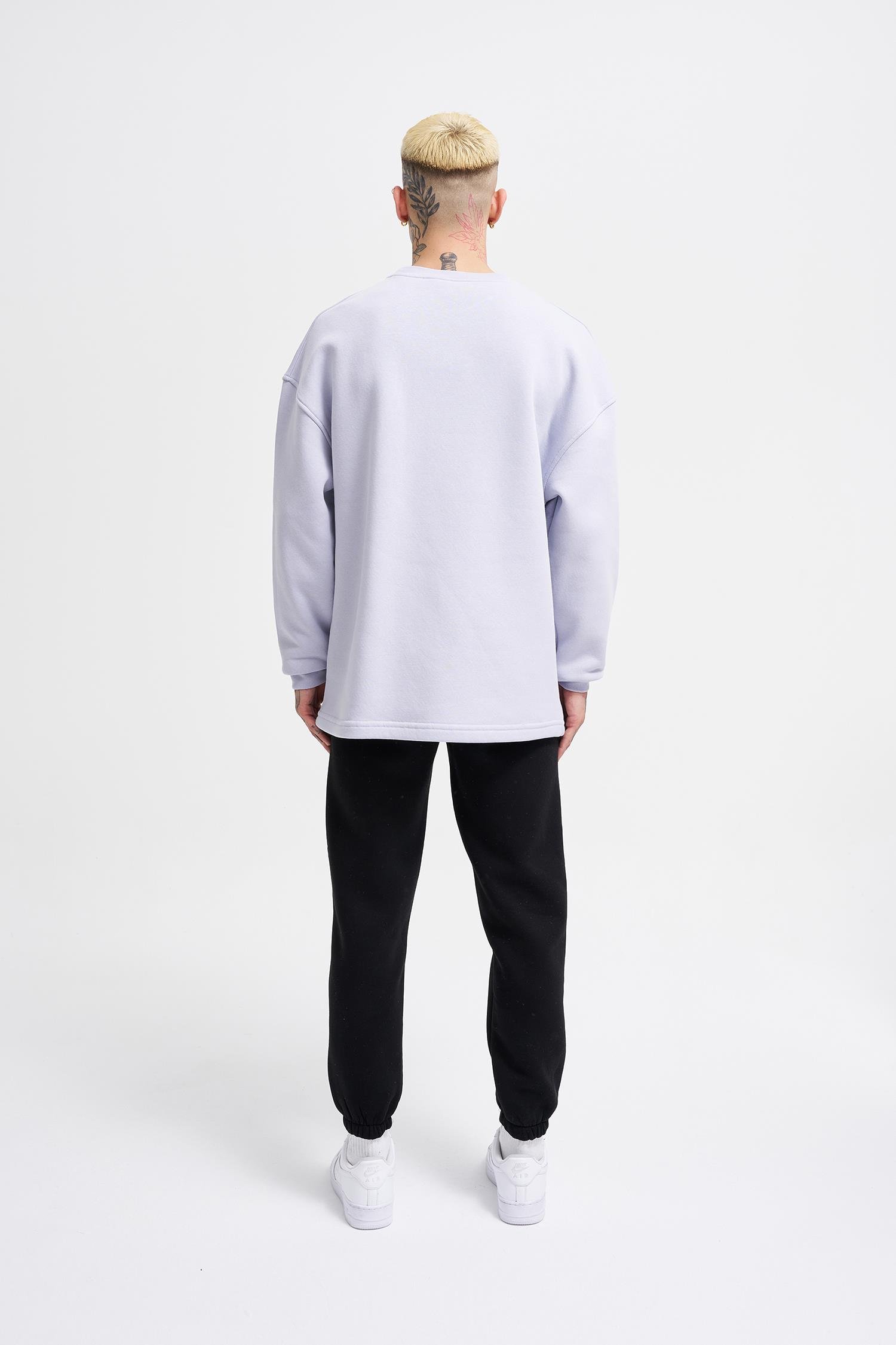 Erkek Cepli Bisiklet Yaka Basic Super Oversize Lila Sweatshirt