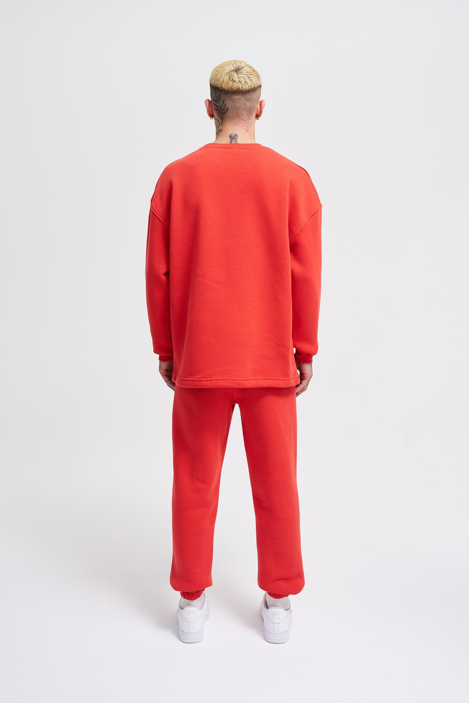 Erkek Cepli Bisiklet Yaka Basic Super Oversize Kırmızı Sweatshirt