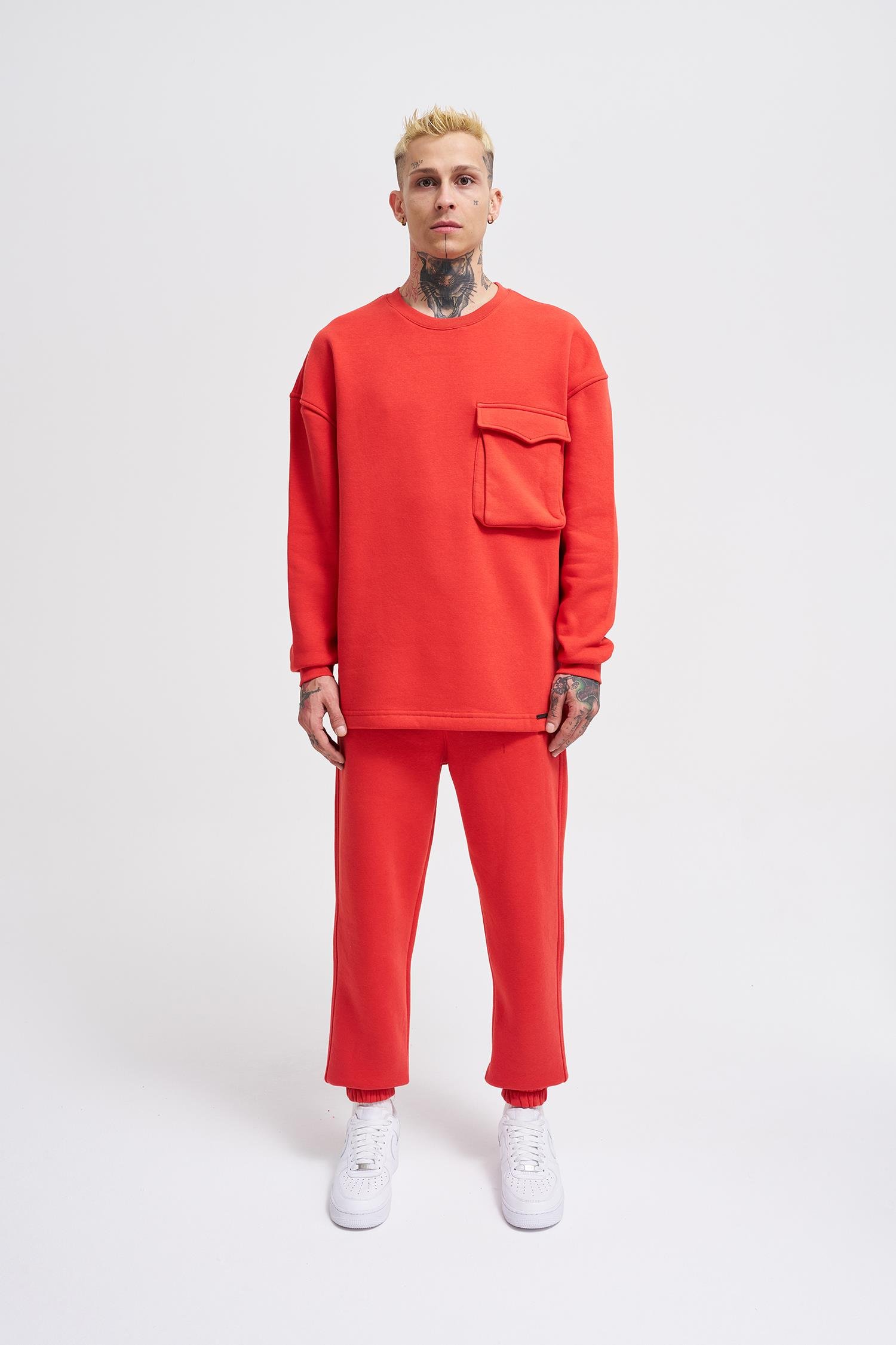 Erkek Cepli Bisiklet Yaka Basic Super Oversize Kırmızı Sweatshirt