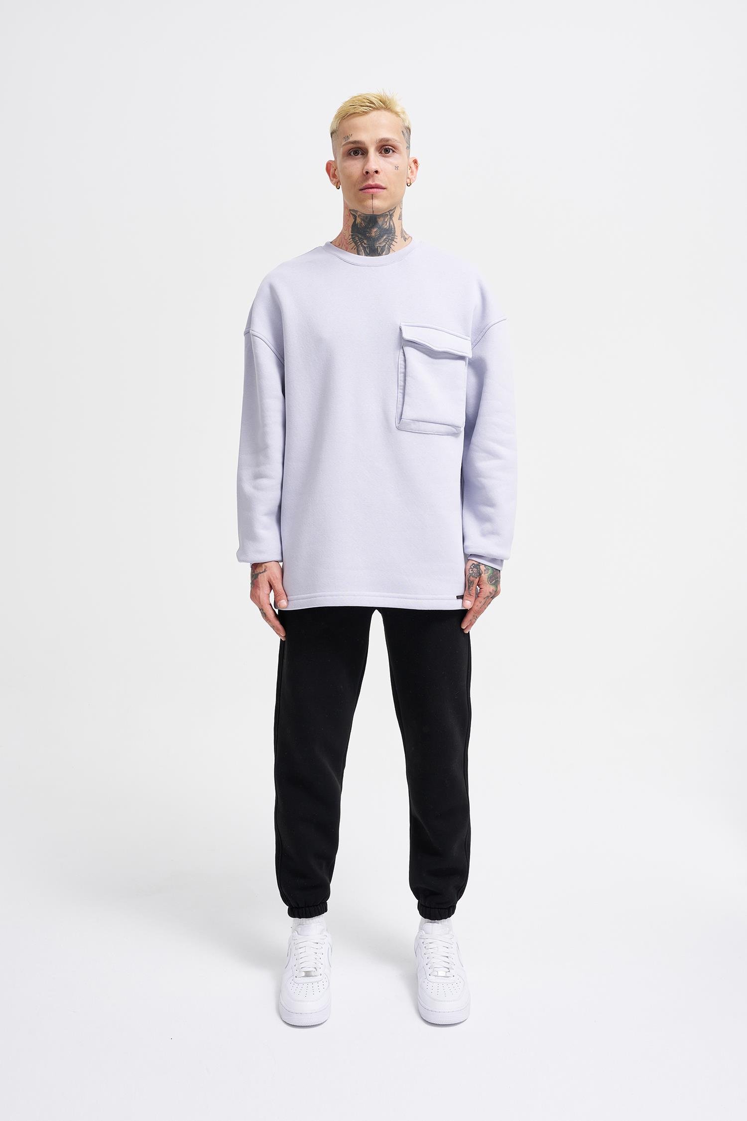 Erkek Cepli Bisiklet Yaka Basic Super Oversize Lila Sweatshirt