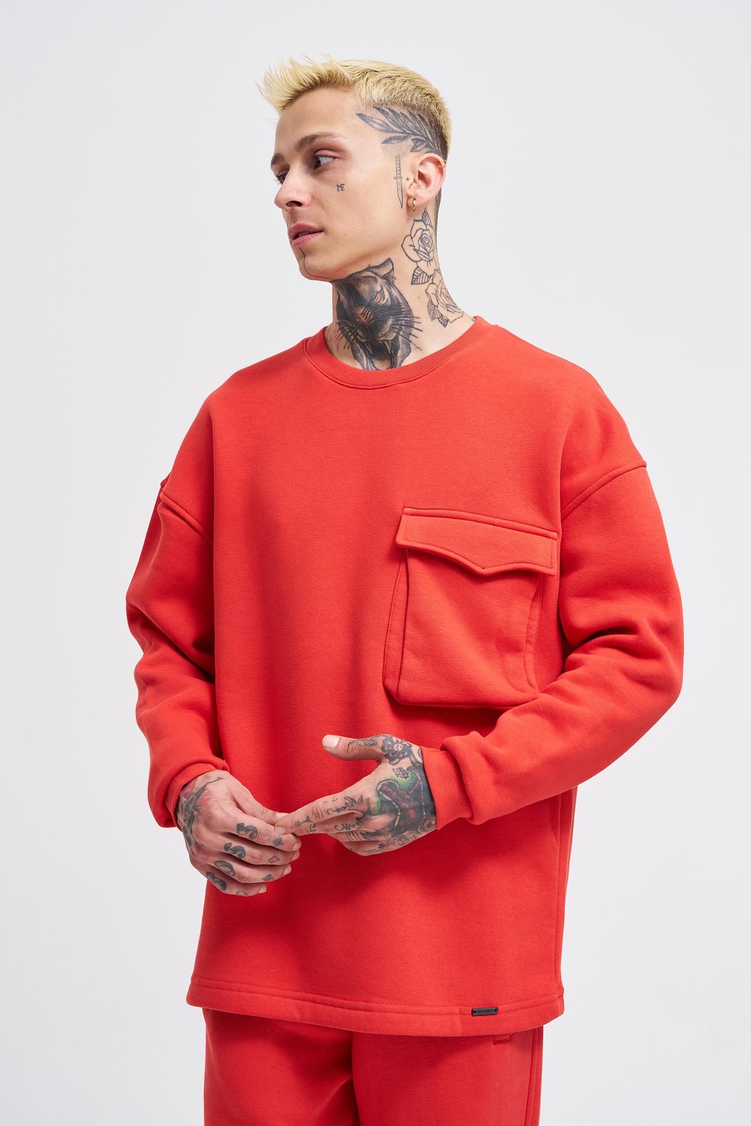 Erkek Cepli Bisiklet Yaka Basic Super Oversize Kırmızı Sweatshirt