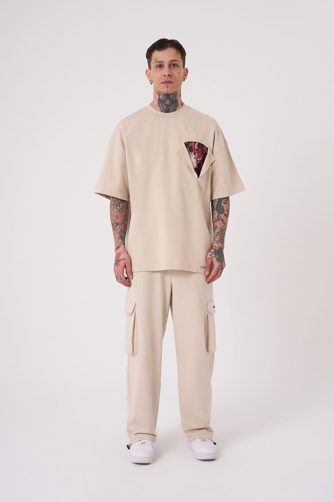 Erkek Flower Patch Baskılı Oversize Tişört SOFT BEIGE