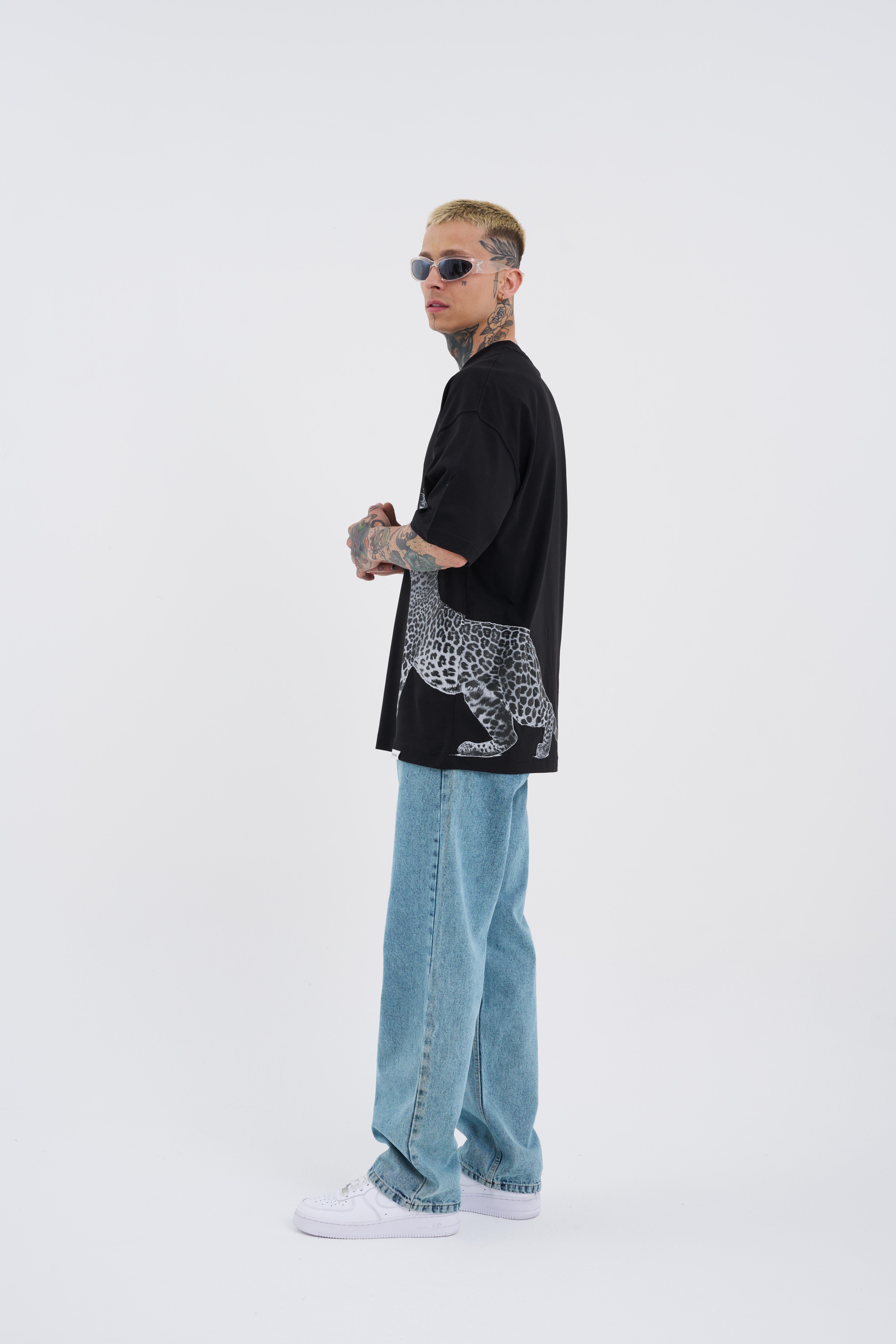 Erkek Leopard Baskılı Oversize Siyah Tişört