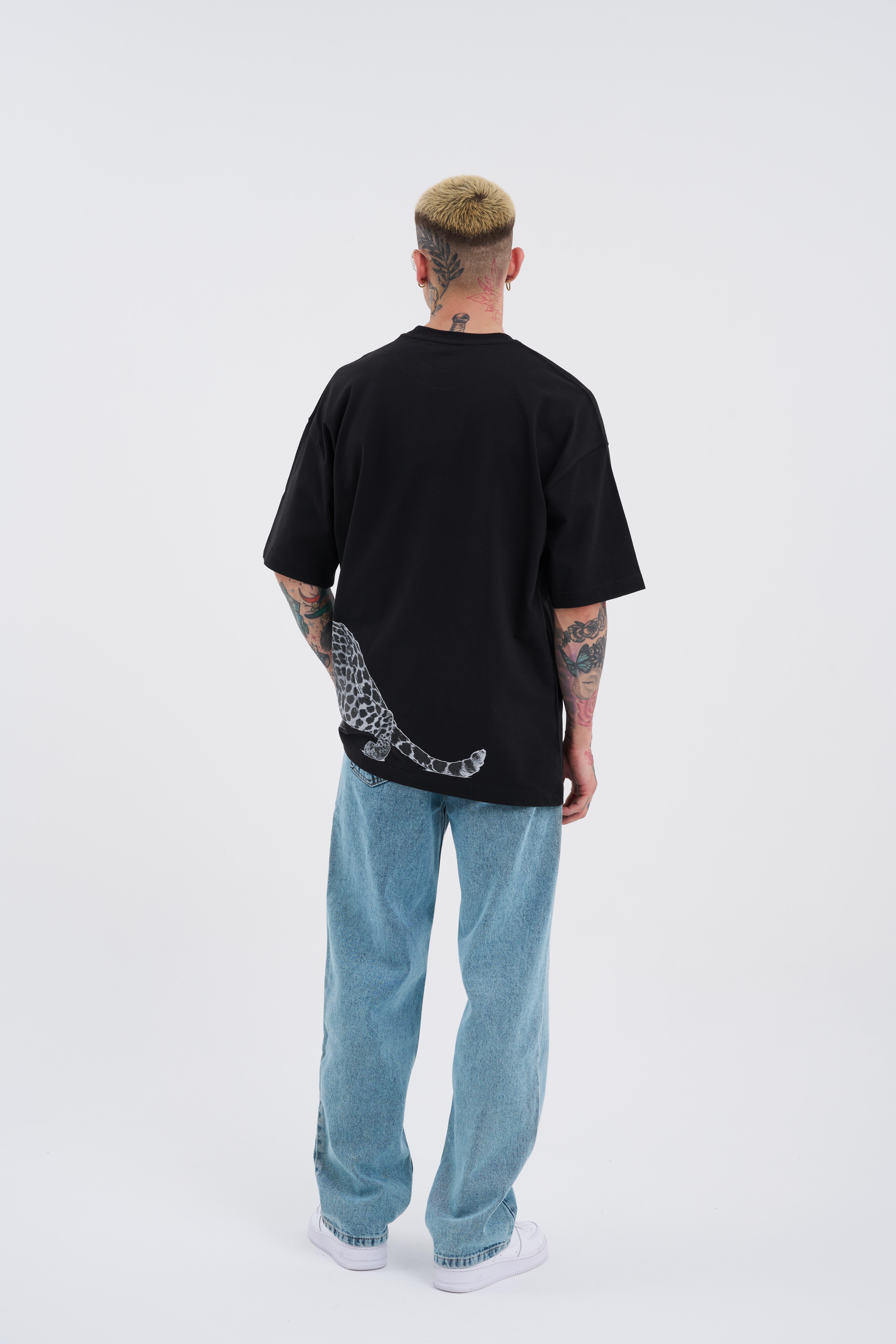 Erkek Leopard Baskılı Oversize Siyah Tişört