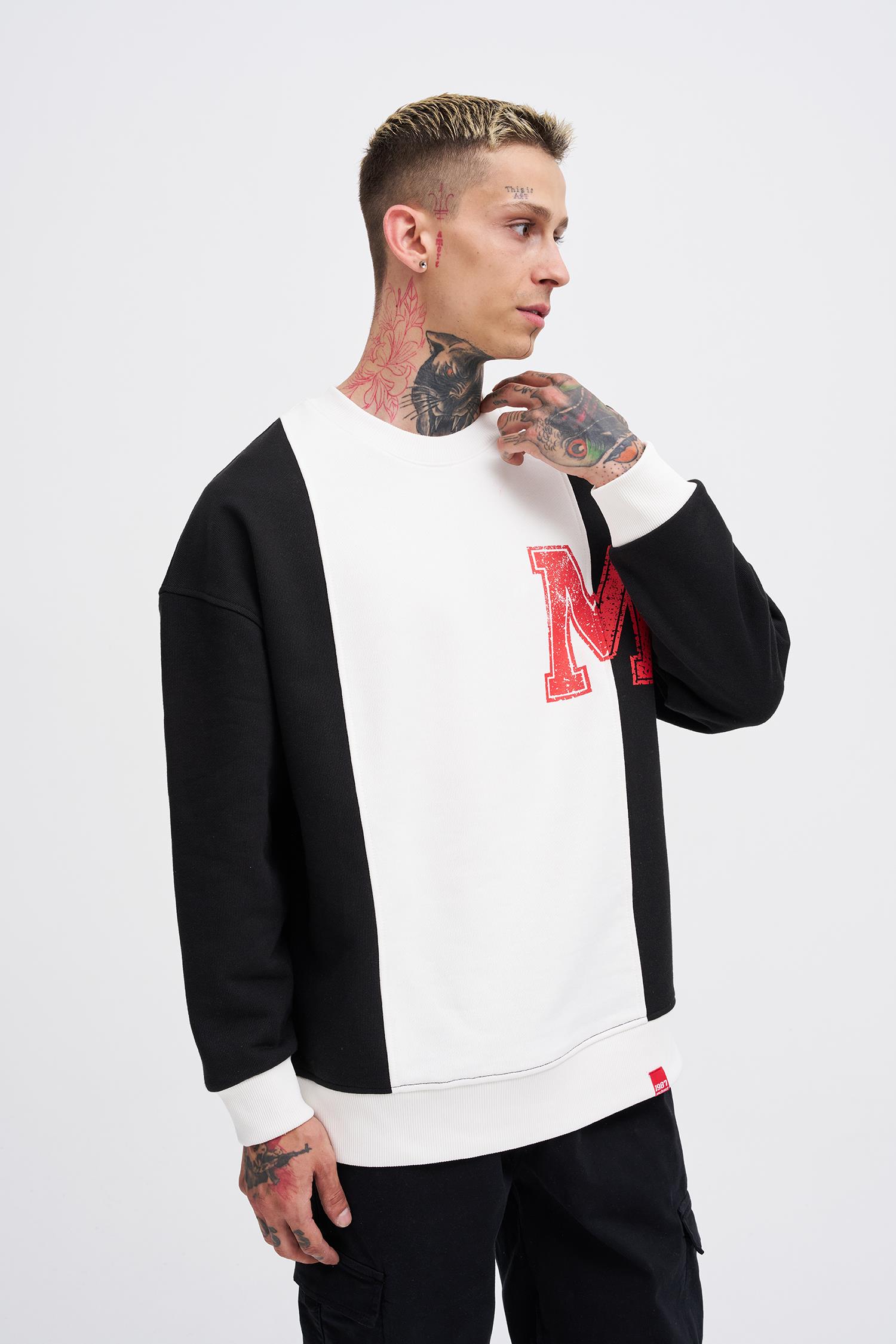 Erkek M Logo Patchwork Sweatshirt BLACK-ECRU