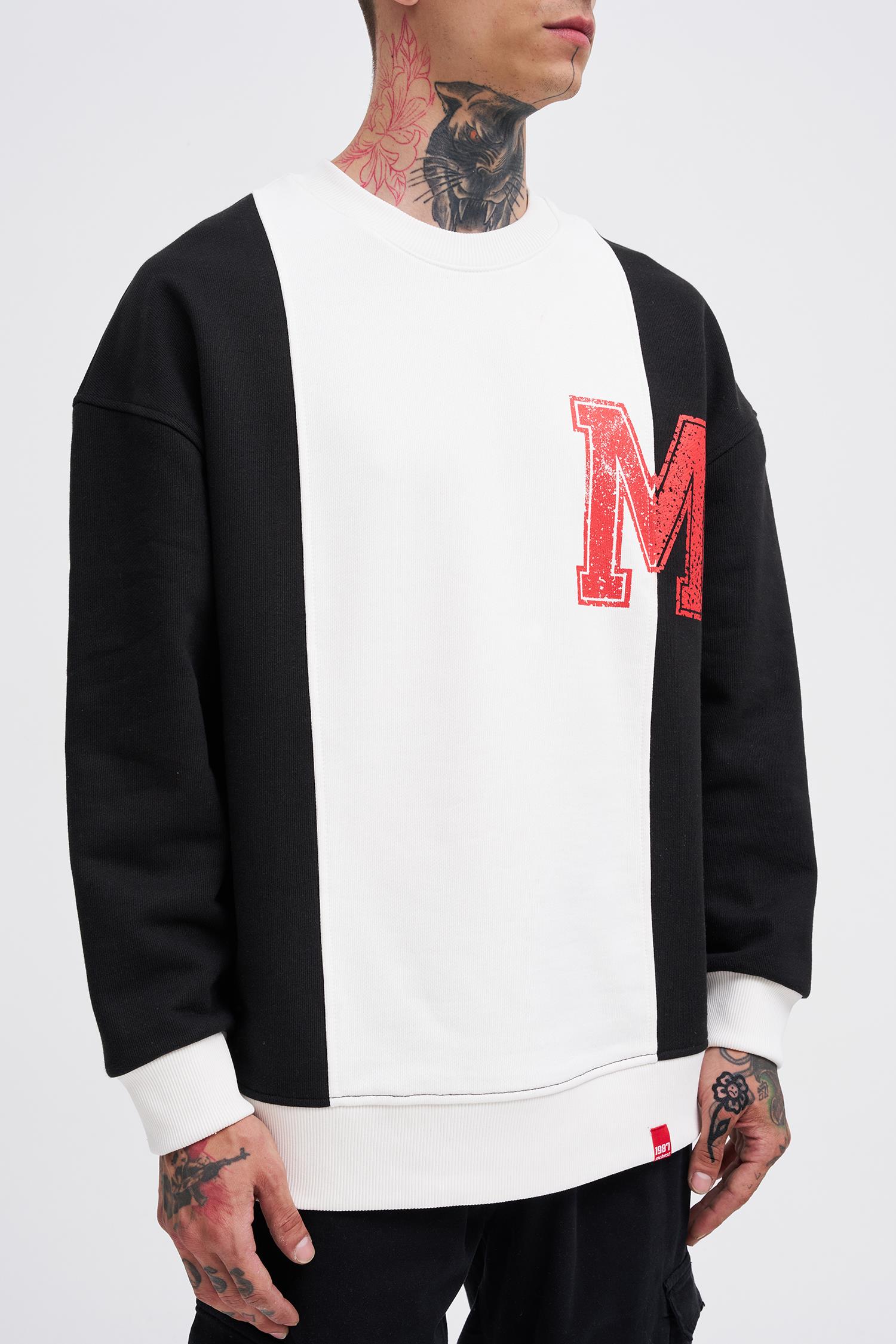 Erkek M Logo Patchwork Sweatshirt BLACK-ECRU