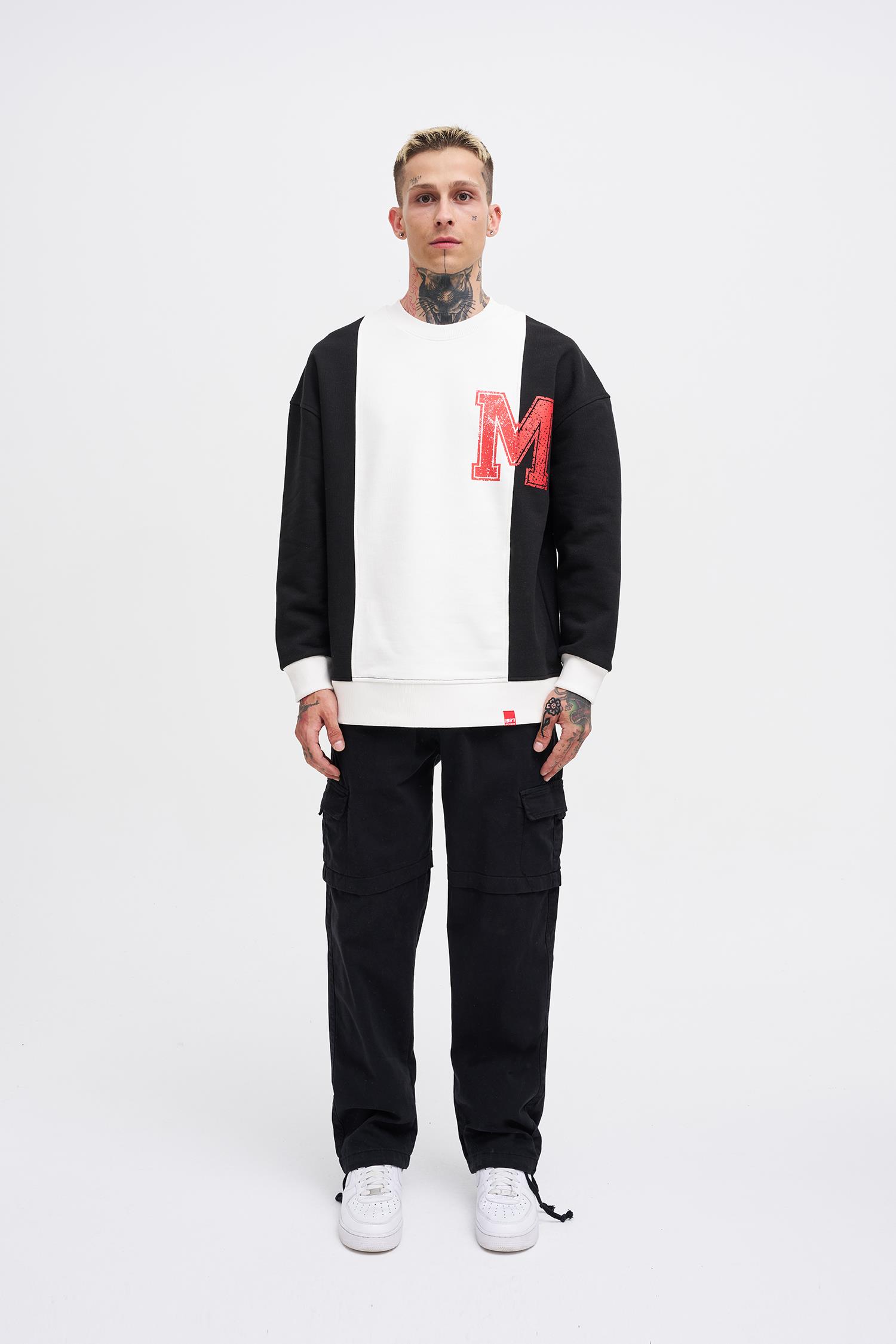 Erkek M Logo Patchwork Sweatshirt BLACK-ECRU