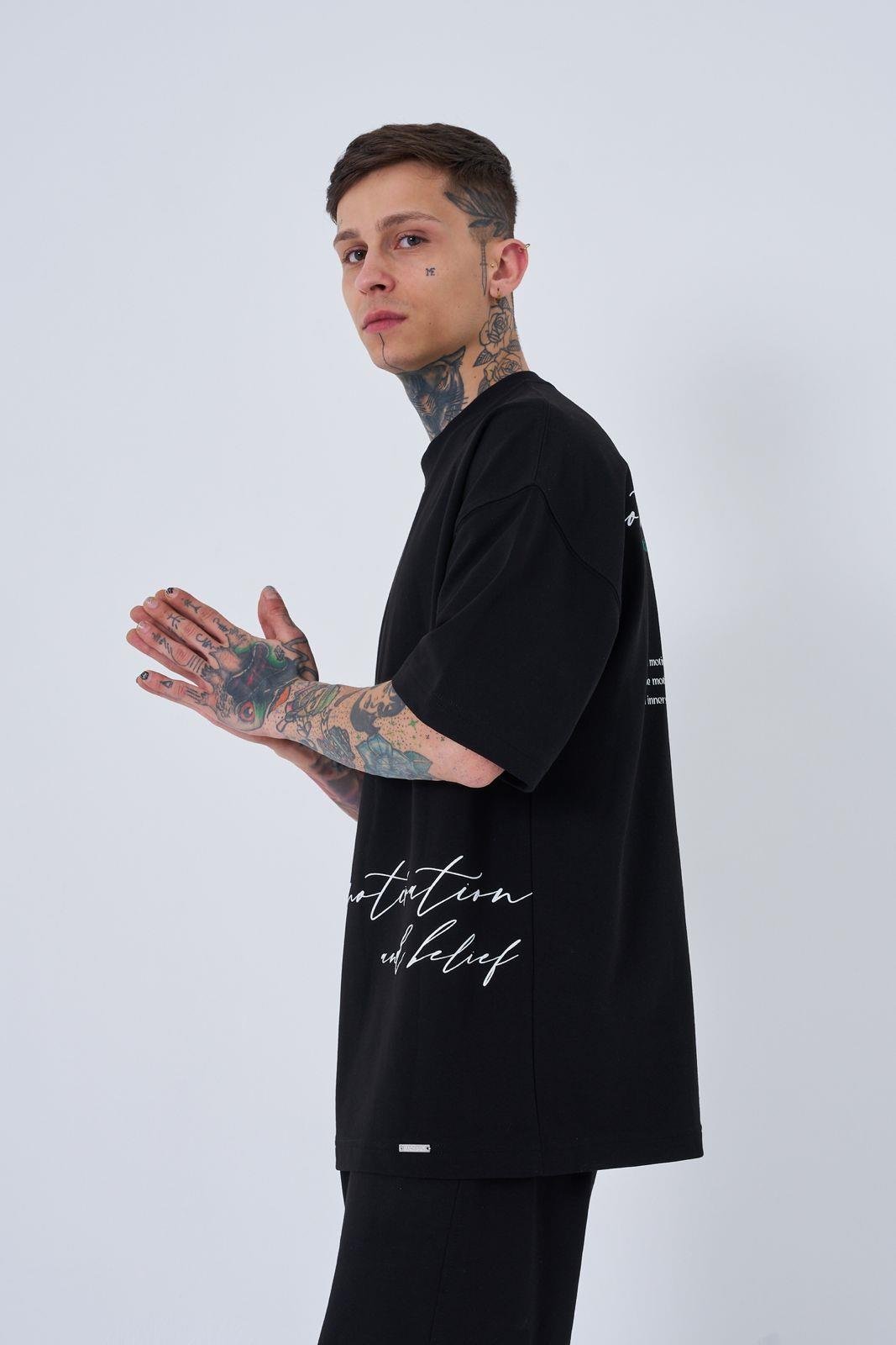 Erkek Motivation Baskılı Oversize Tişört DARK BLACK