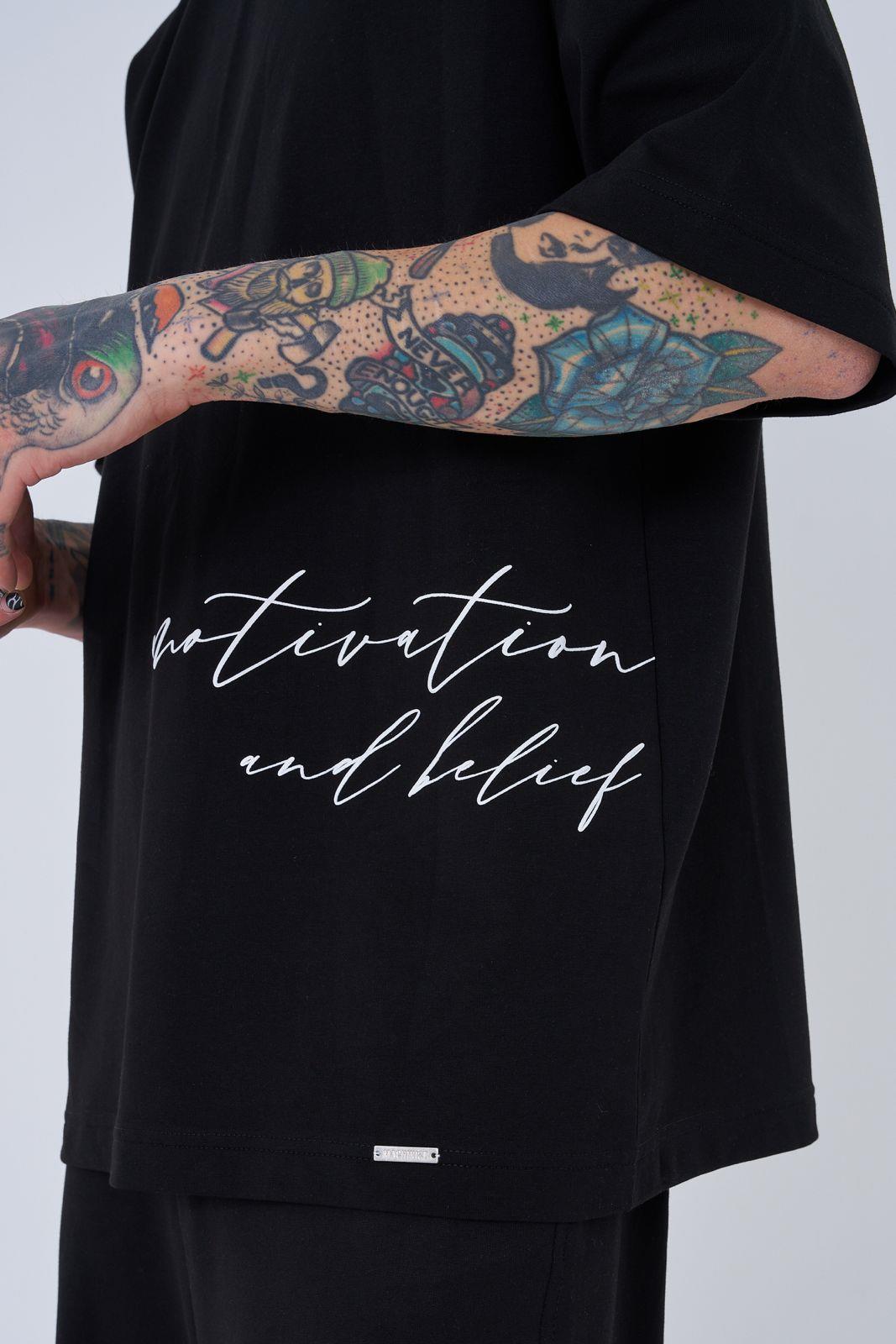 Erkek Motivation Baskılı Oversize Tişört DARK BLACK