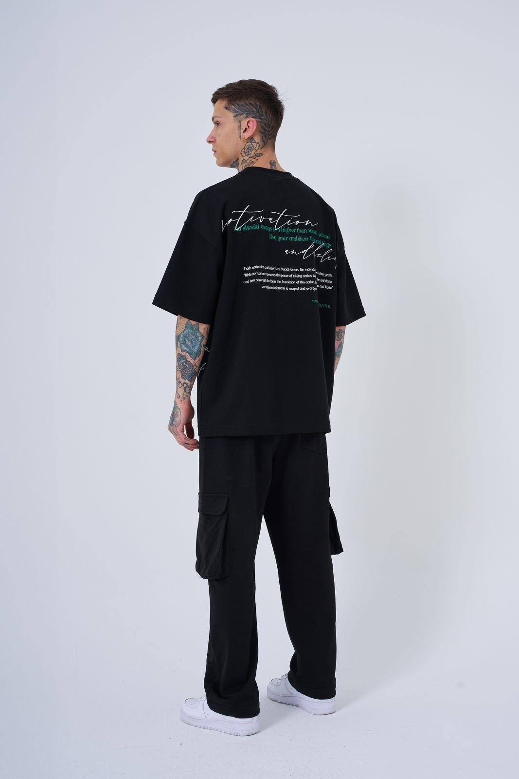 Erkek Motivation Baskılı Oversize Tişört DARK BLACK