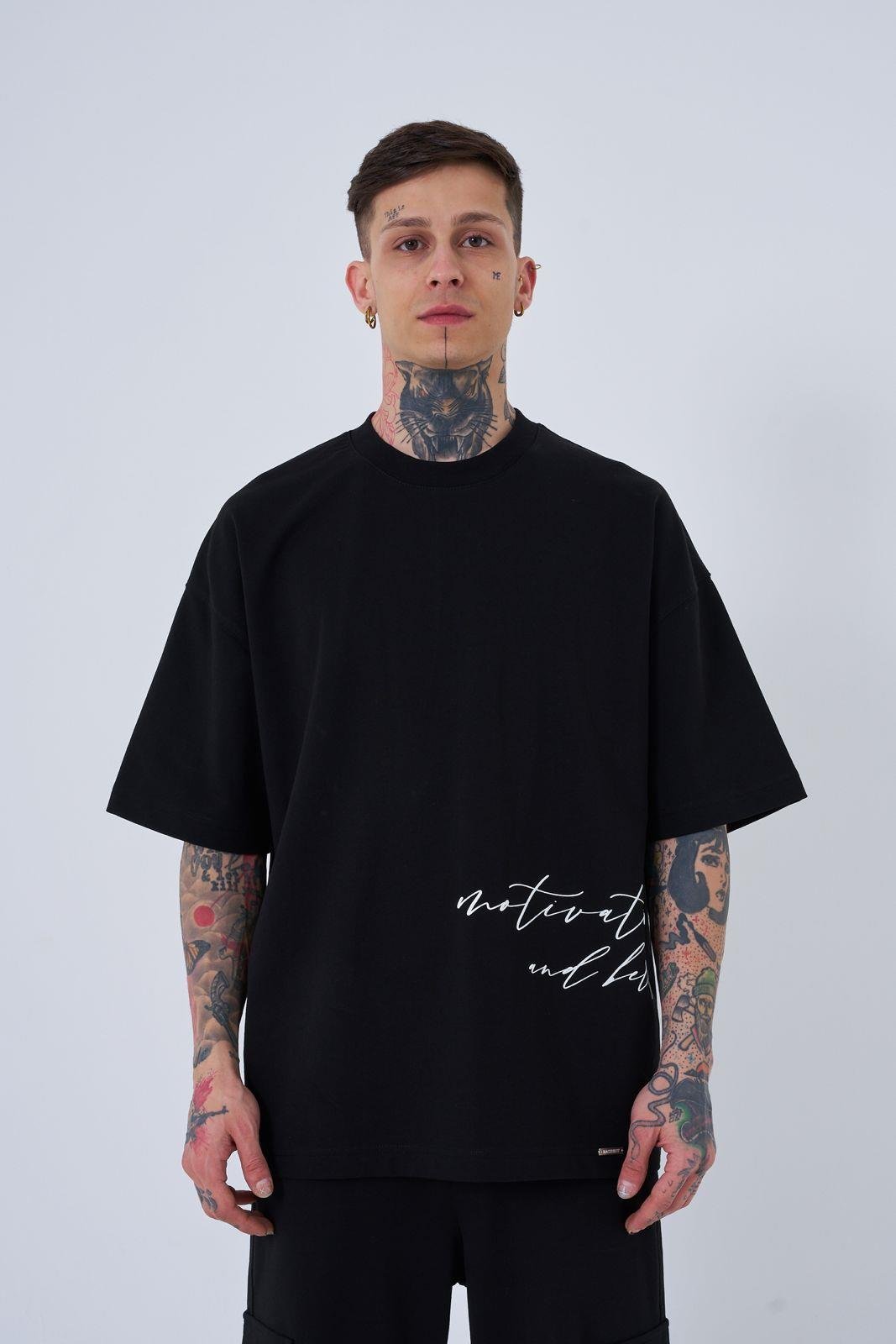 Erkek Motivation Baskılı Oversize Tişört DARK BLACK