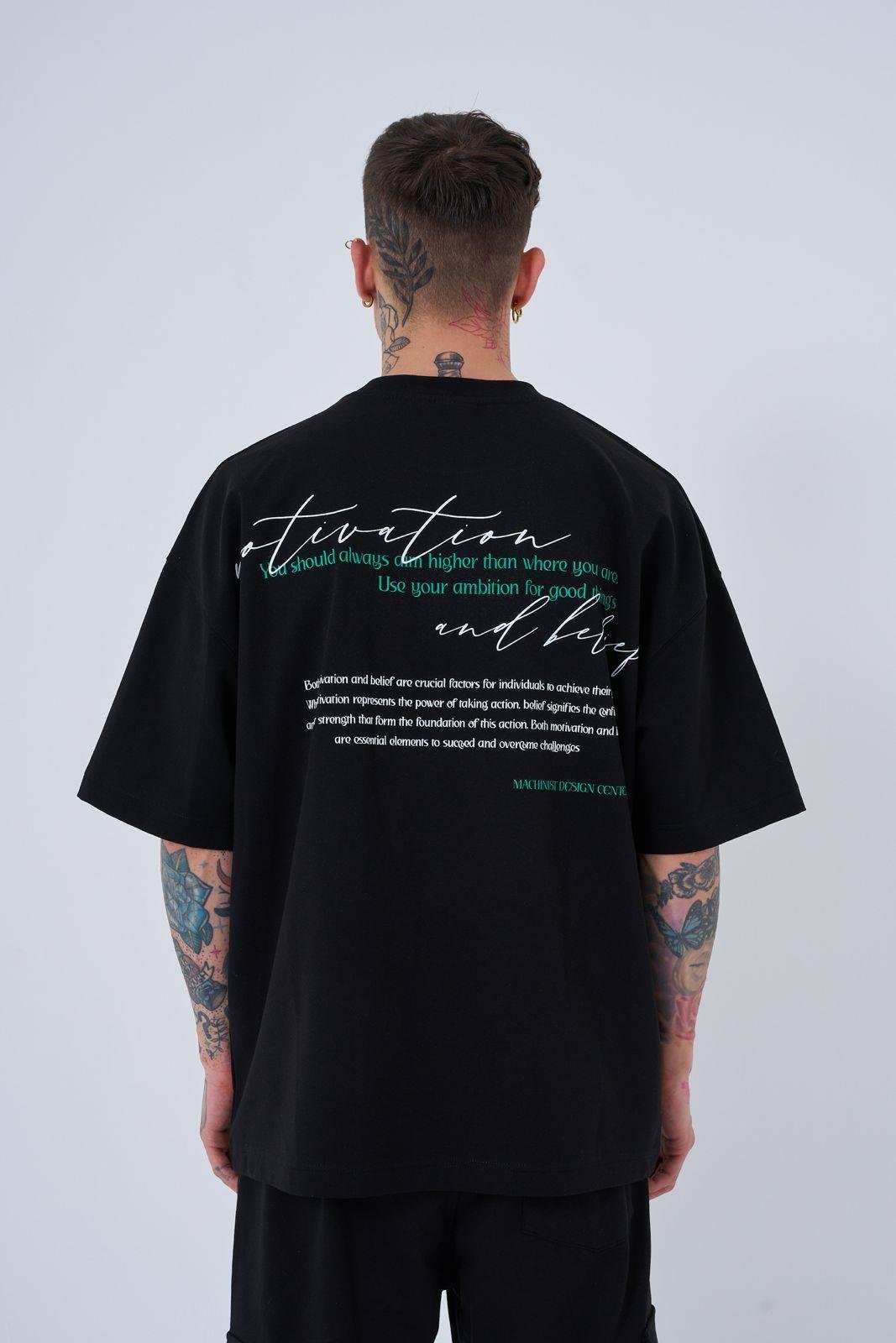 Erkek Motivation Baskılı Oversize Tişört DARK BLACK