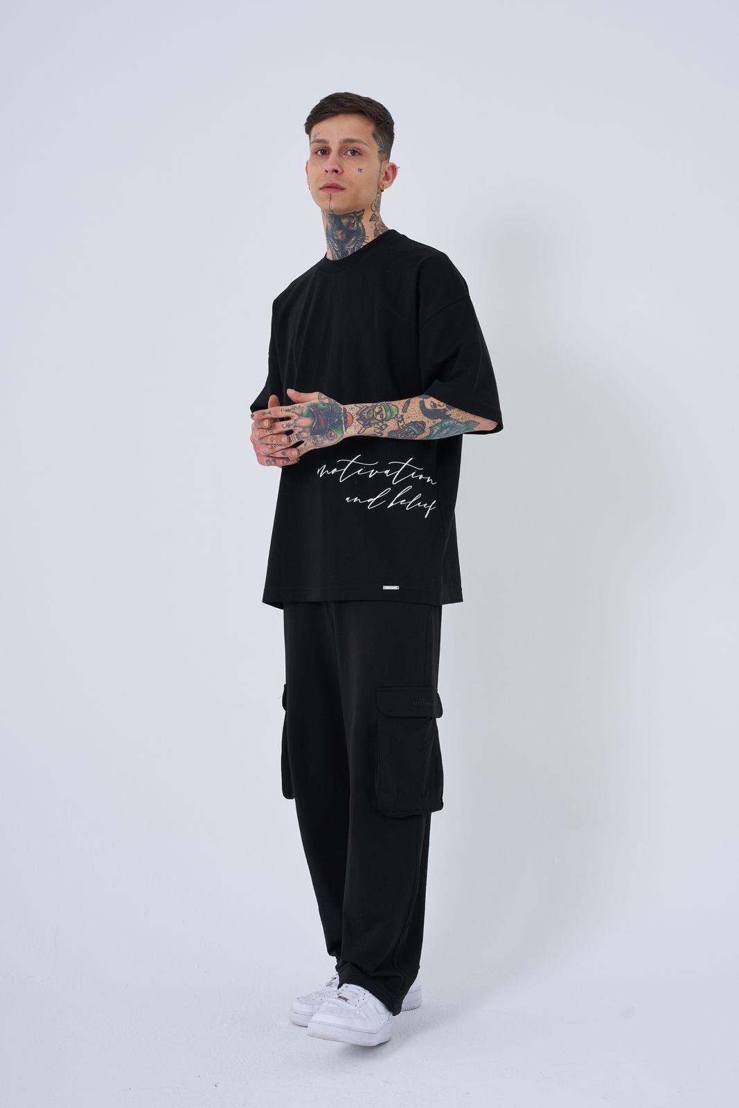 Erkek Motivation Baskılı Oversize Tişört DARK BLACK
