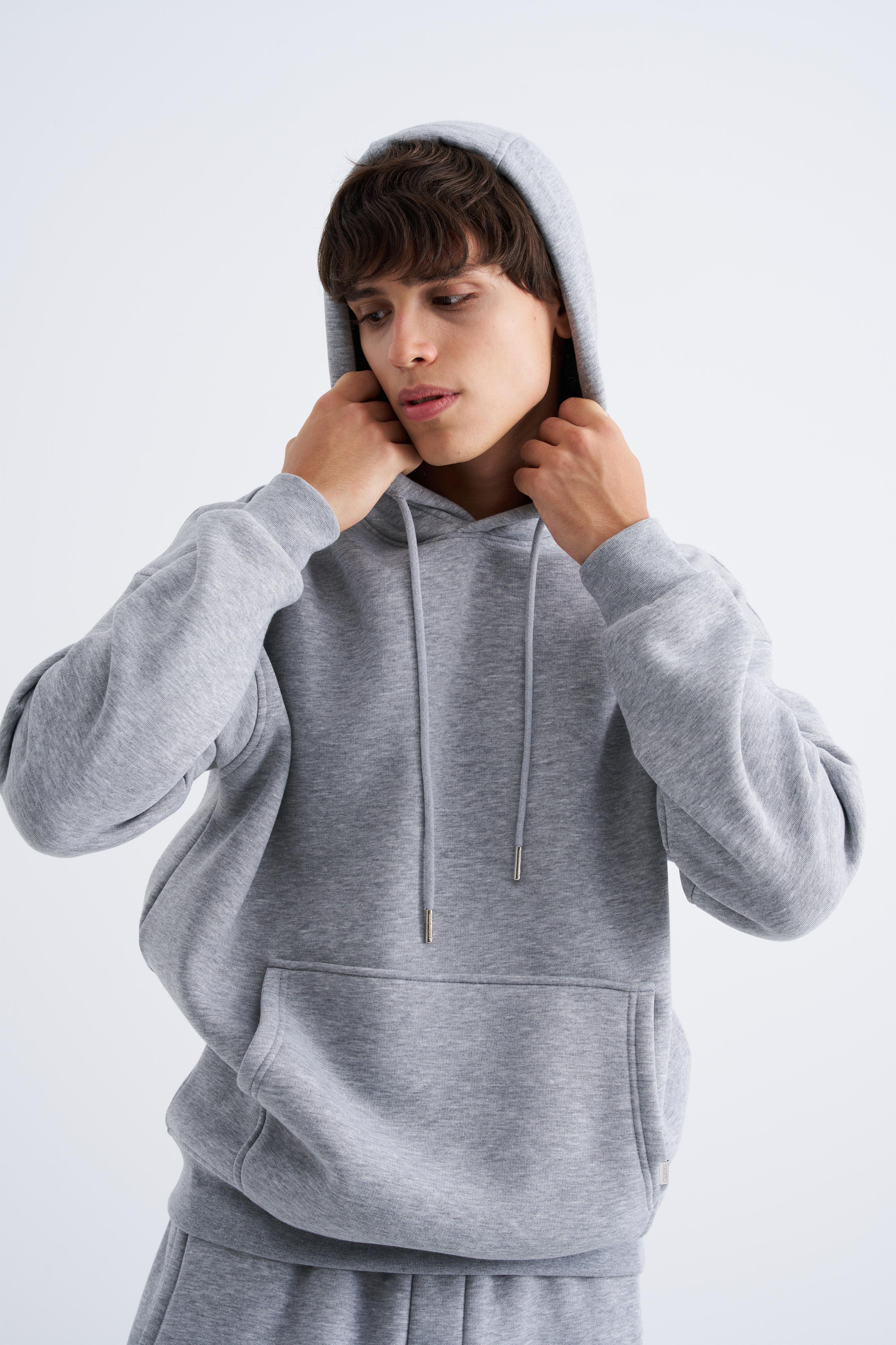 Erkek Oversize Basic Kapüşonlu Sweatshirt GREY MELANGE
