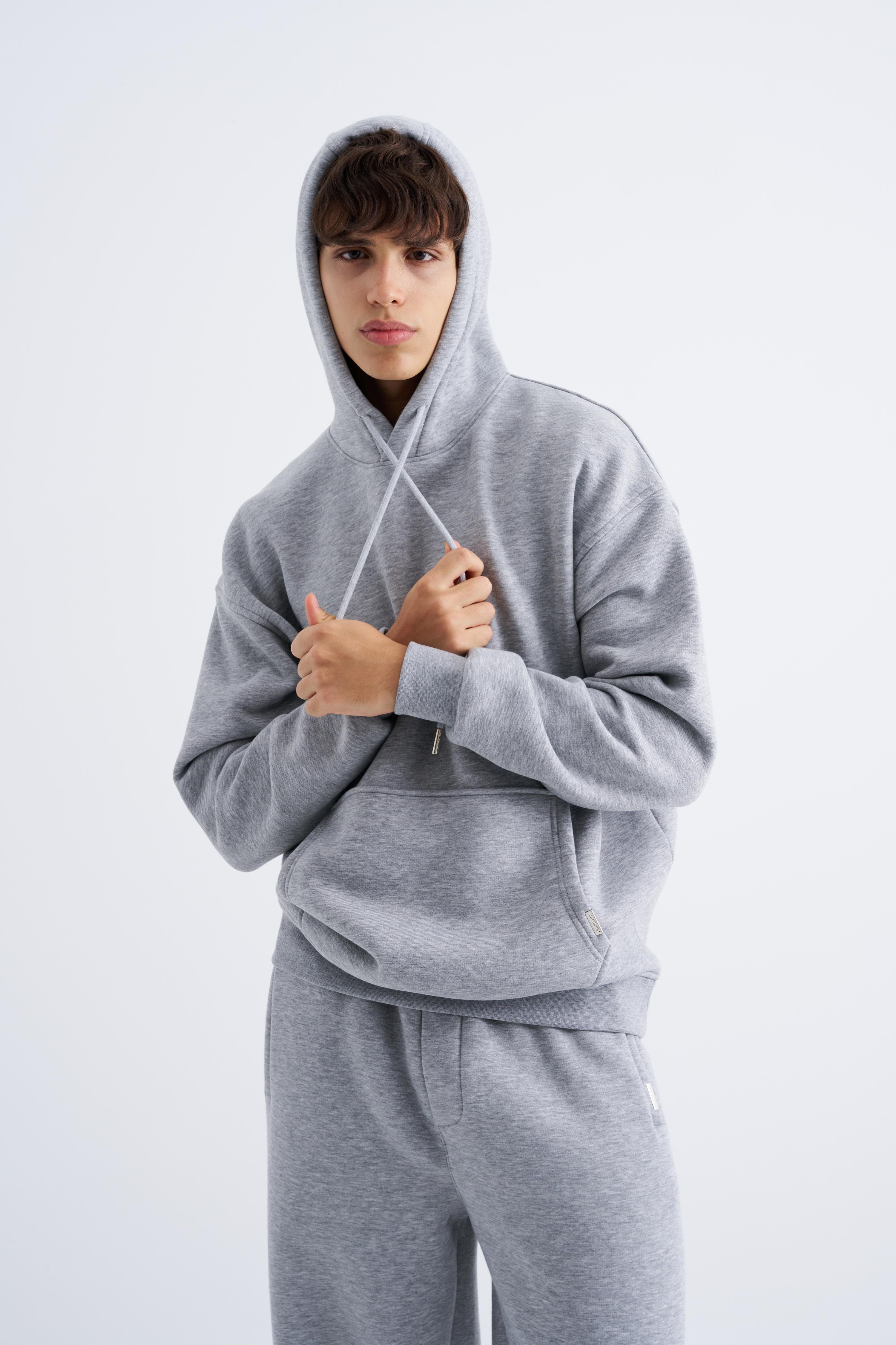 Erkek Oversize Basic Kapüşonlu Sweatshirt GREY MELANGE