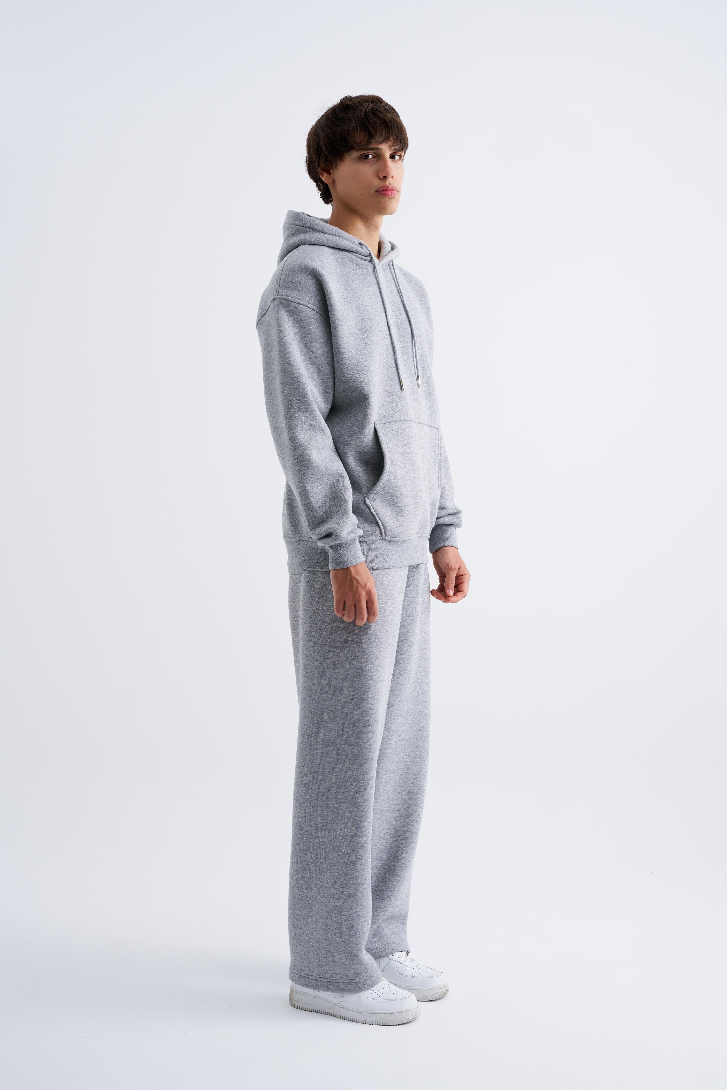 Erkek Oversize Basic Kapüşonlu Sweatshirt GREY MELANGE