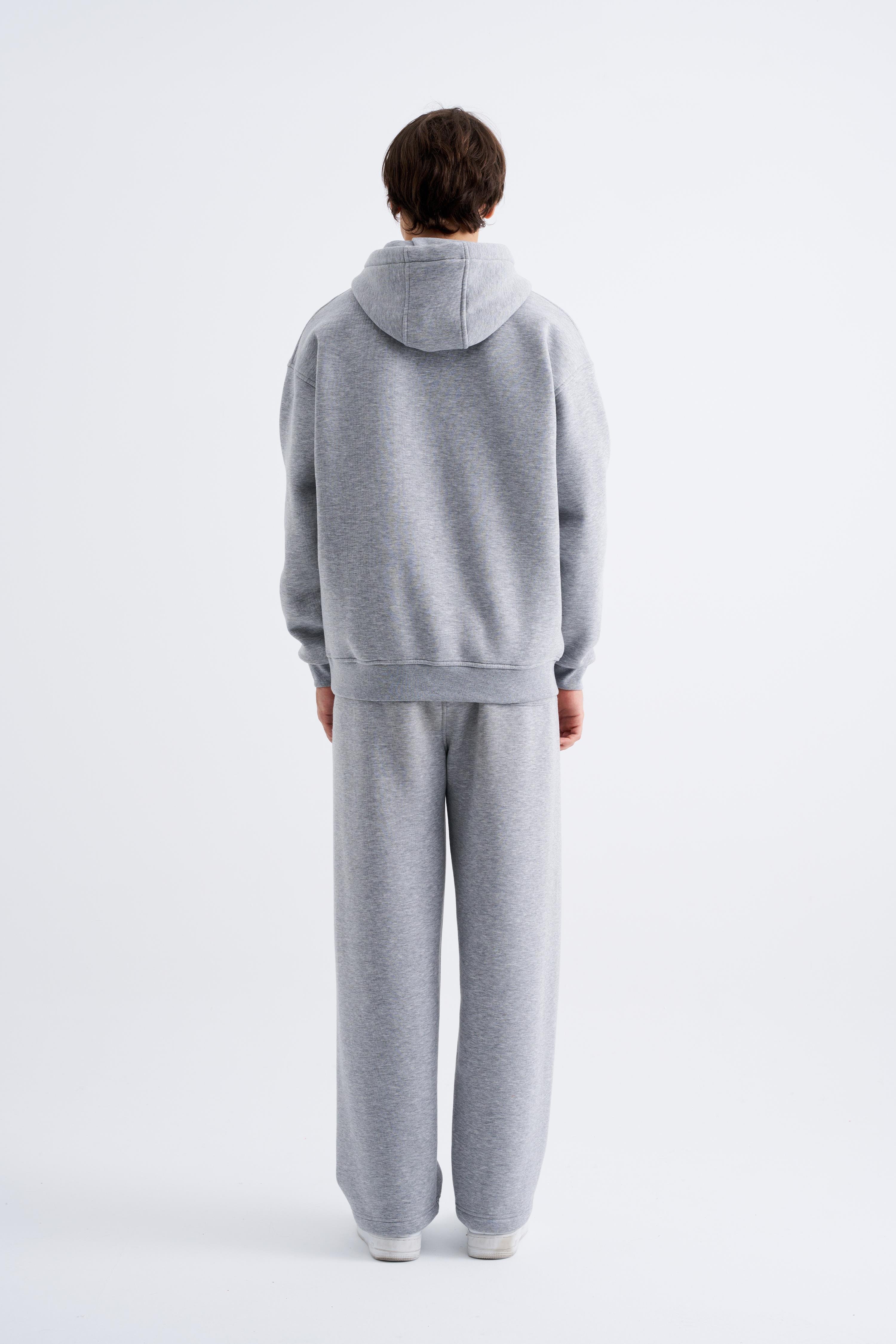 Erkek Oversize Basic Kapüşonlu Sweatshirt GREY MELANGE