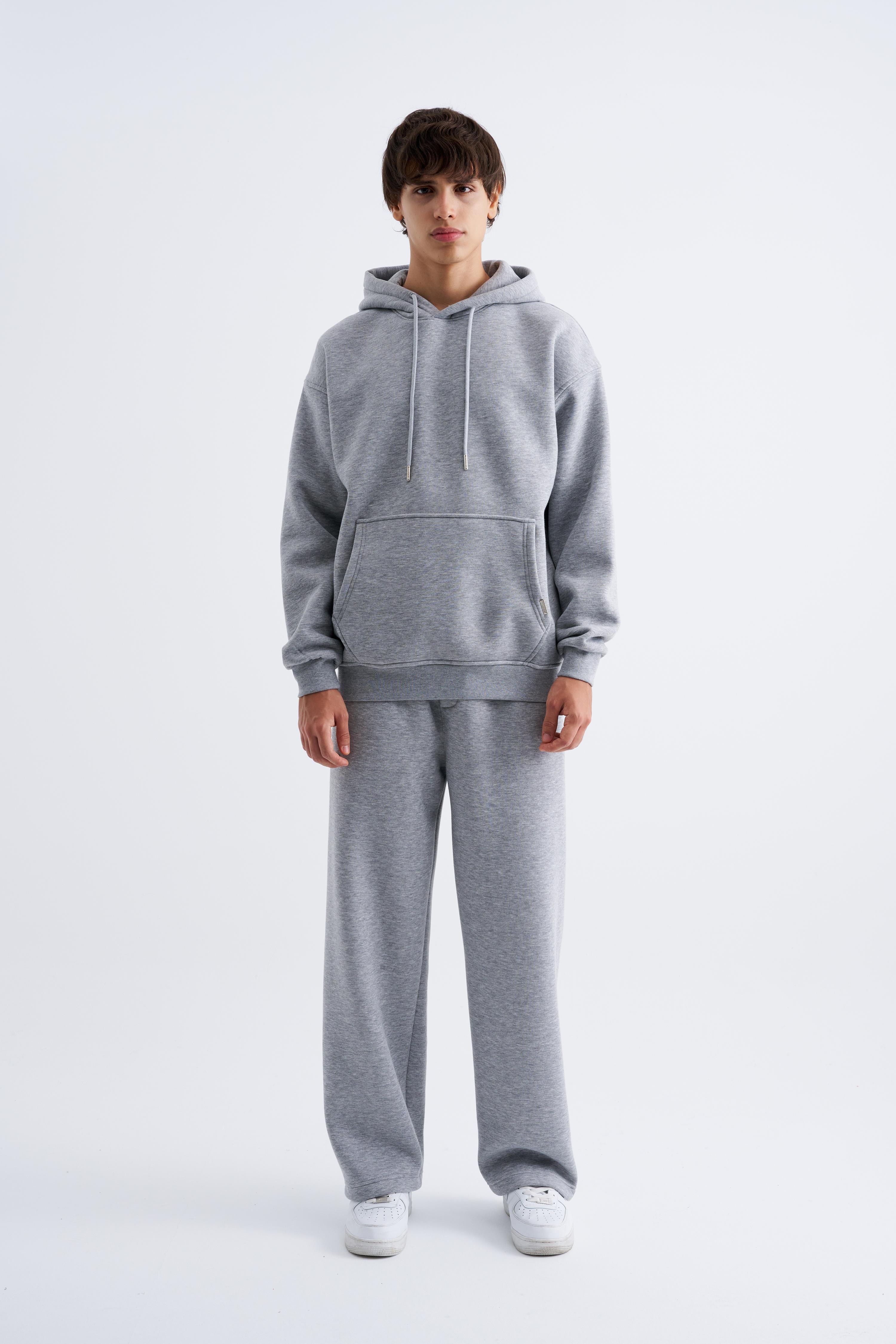 Erkek Oversize Basic Kapüşonlu Sweatshirt GREY MELANGE